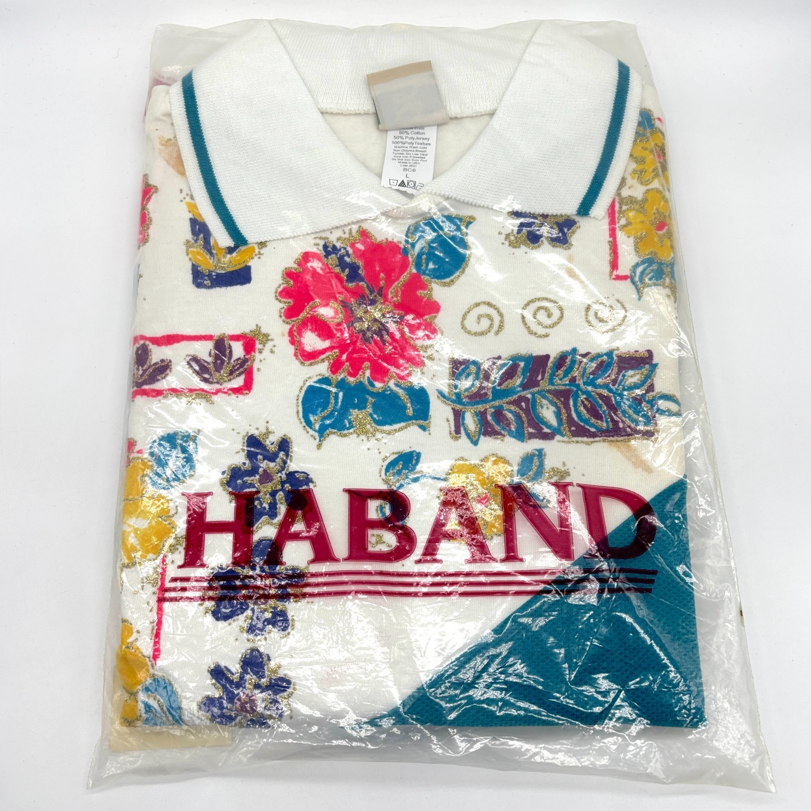 Vintage Haband Womens Collared Floral Shirt DEADSTOCK Teal White Sz L New READ!