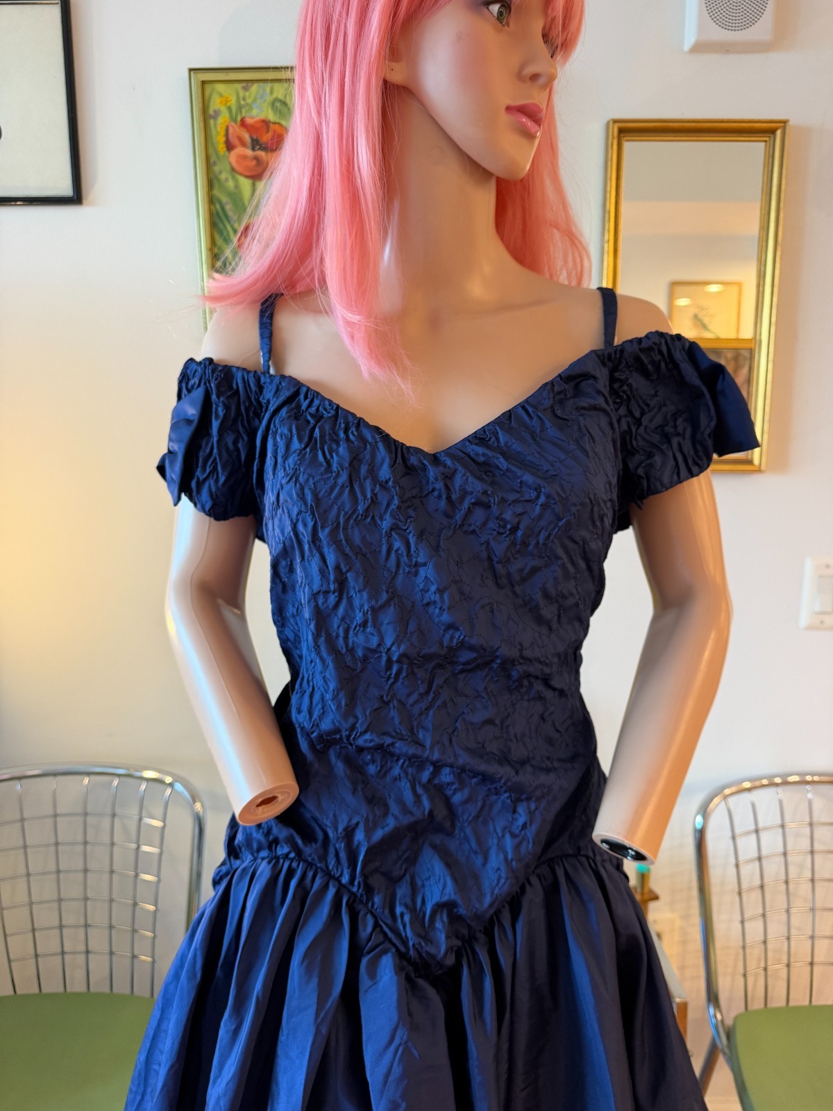 Vtg 80s Sapphire Blue Off Shoulder Prom Dress Crinoline Rhinestone Bow M L