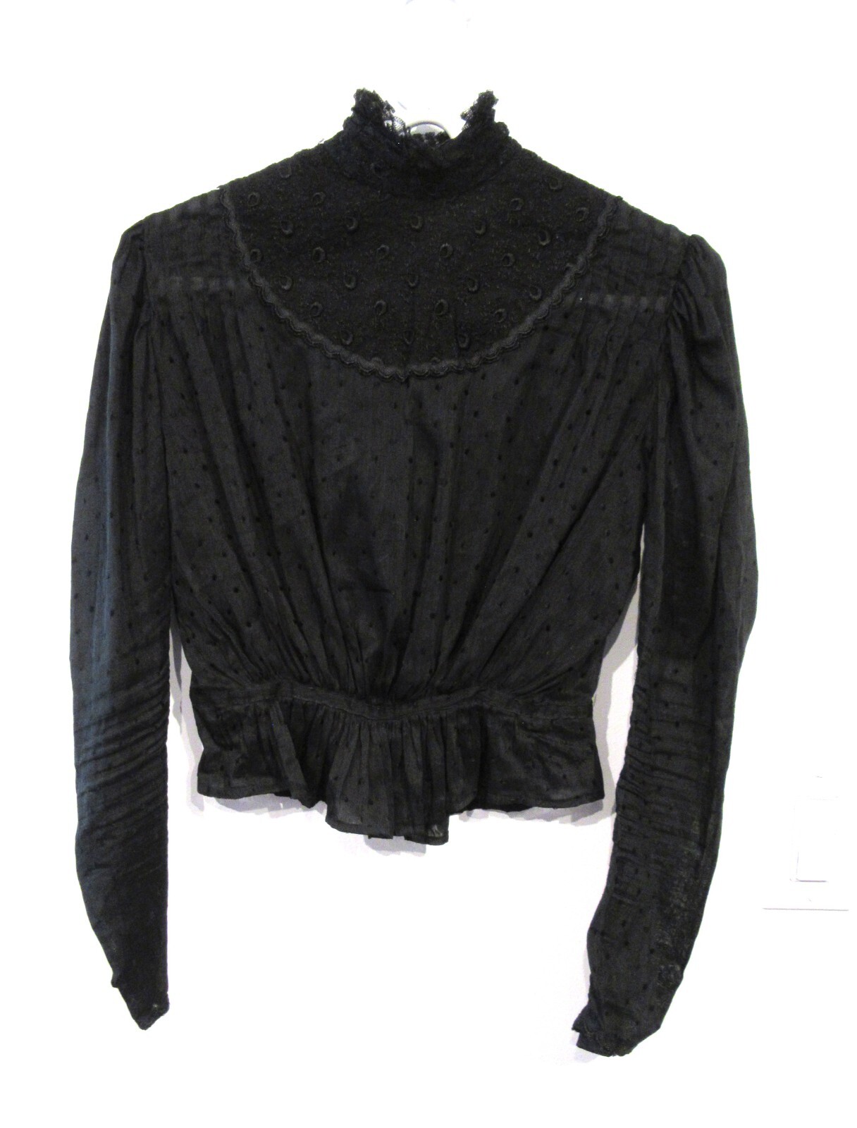 ANTIQUE EARLY 1900S 1905 BUST-39″ SWISS DOT LACE BLACK BLOUSE SHIRT STRONG F38