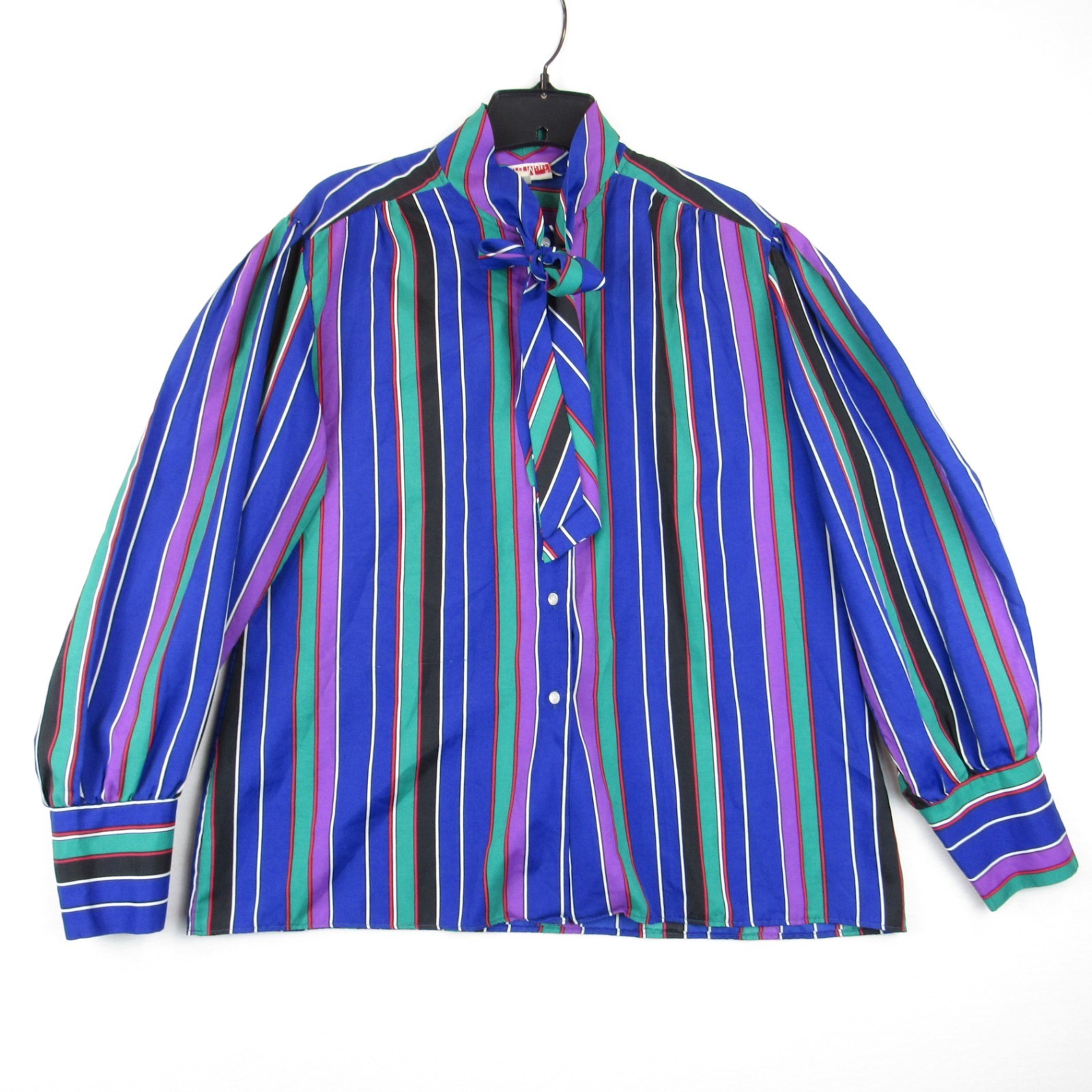 Vintage Laura Mae Woven Polyester Striped Retro Top Blouse Neck Bow USA