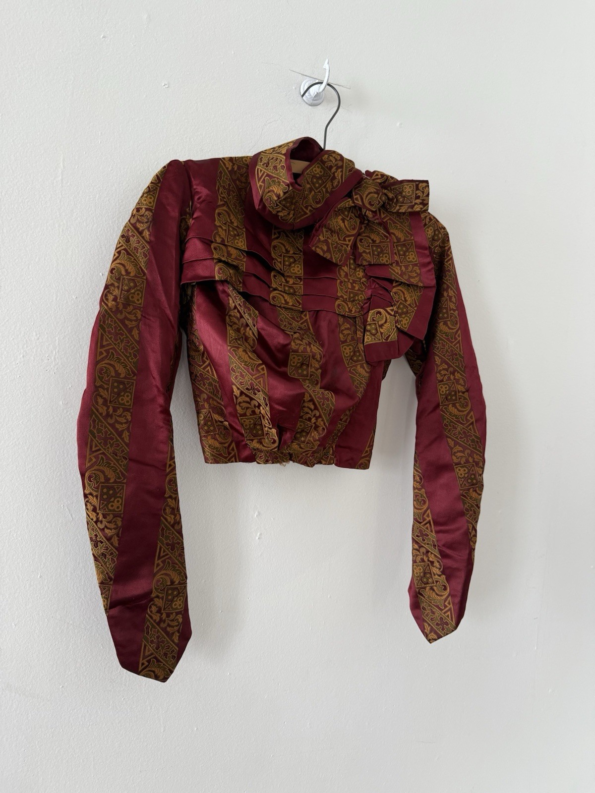 Antique Victorian Brocade Silk Satin Bodice Jewel Toned Boning 1800s XXS/XS