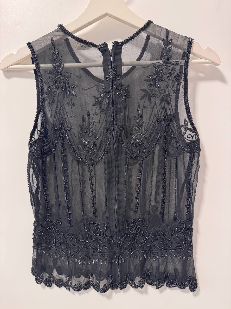 Vintage Black 100% Silk Hand Beaded Sheer Top Women’s Size S Art Deco Style Made