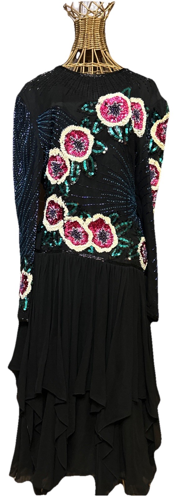 Vtg 80s Alyce Designs Dress Black Silk Beaded Sequinned Party Size 10 WOW!