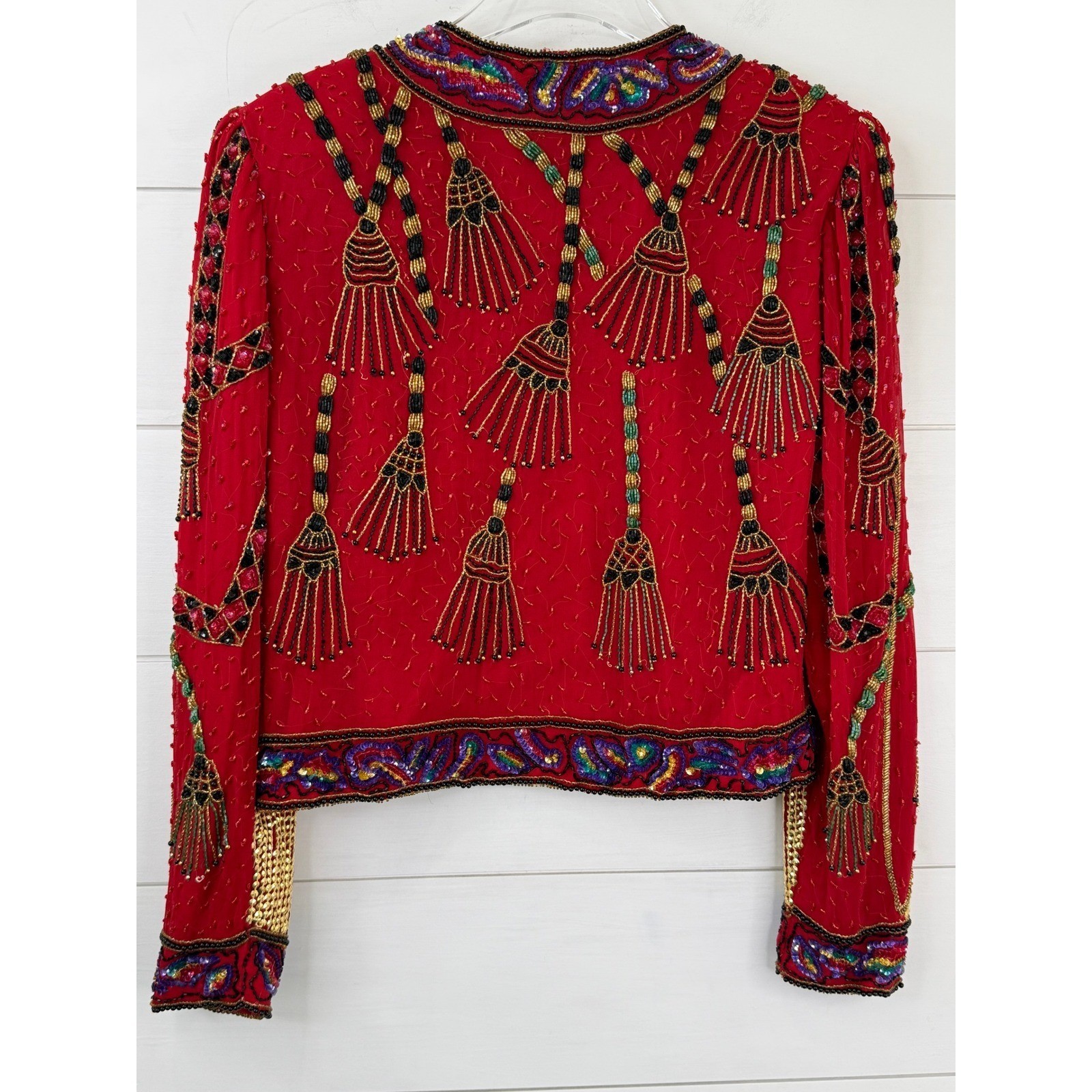 VINTAGE 80s Laurence Kazar Beaded Jacket Women M 100% Silk Sequin MAXIMALIST