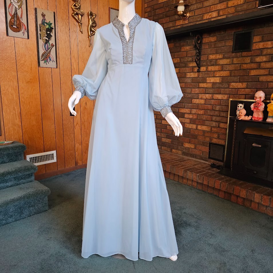 Vtg 70s Dreamy Chiffon Bishop Sleeves Powder Blue Prom Gown Bewitched Dress M