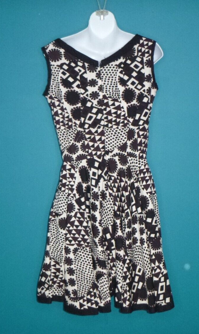 Vtg 60s Fit and Flare Dress MOD Black Brown White Abstract Floral Print Sz S/M