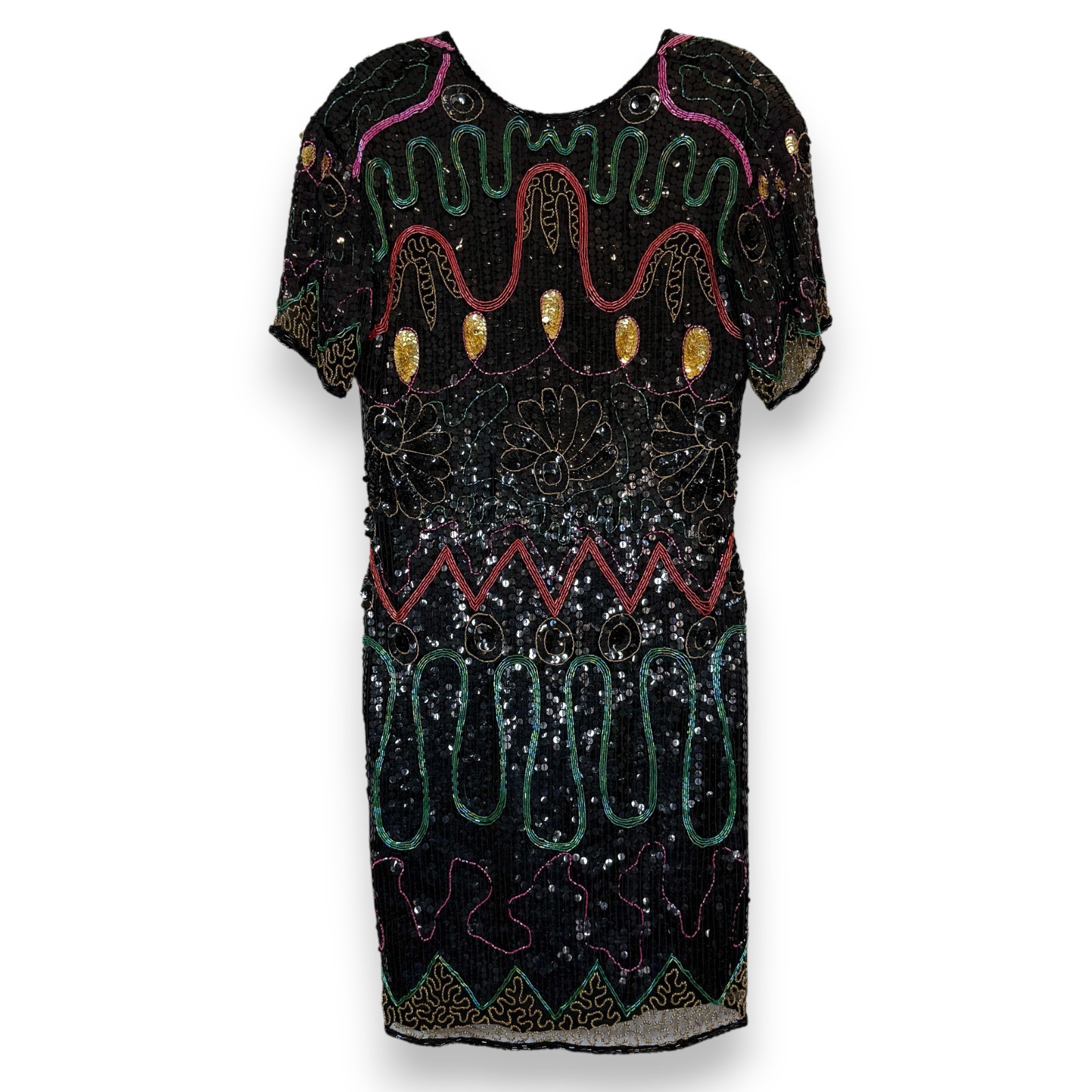 Vintage Sequin Beaded Dress Medium Silk Black 80s Backless Cocktail Party
