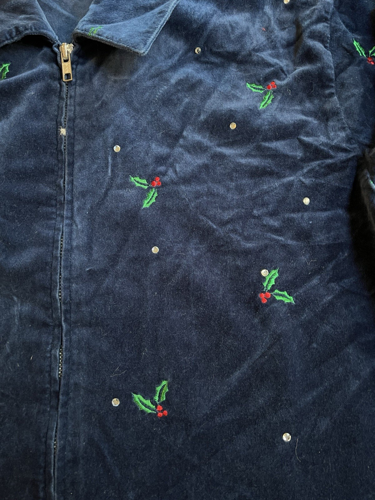 Vintage Embroidered Holly Full Zip Velour Look Shirt 100%Cotton Size 1X Holiday