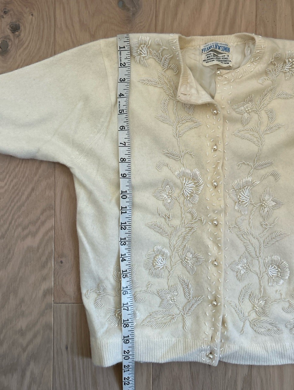 Vintage 1950’s Beaded Angora Cardigan Ivory Pearl Button Hand Embroidered