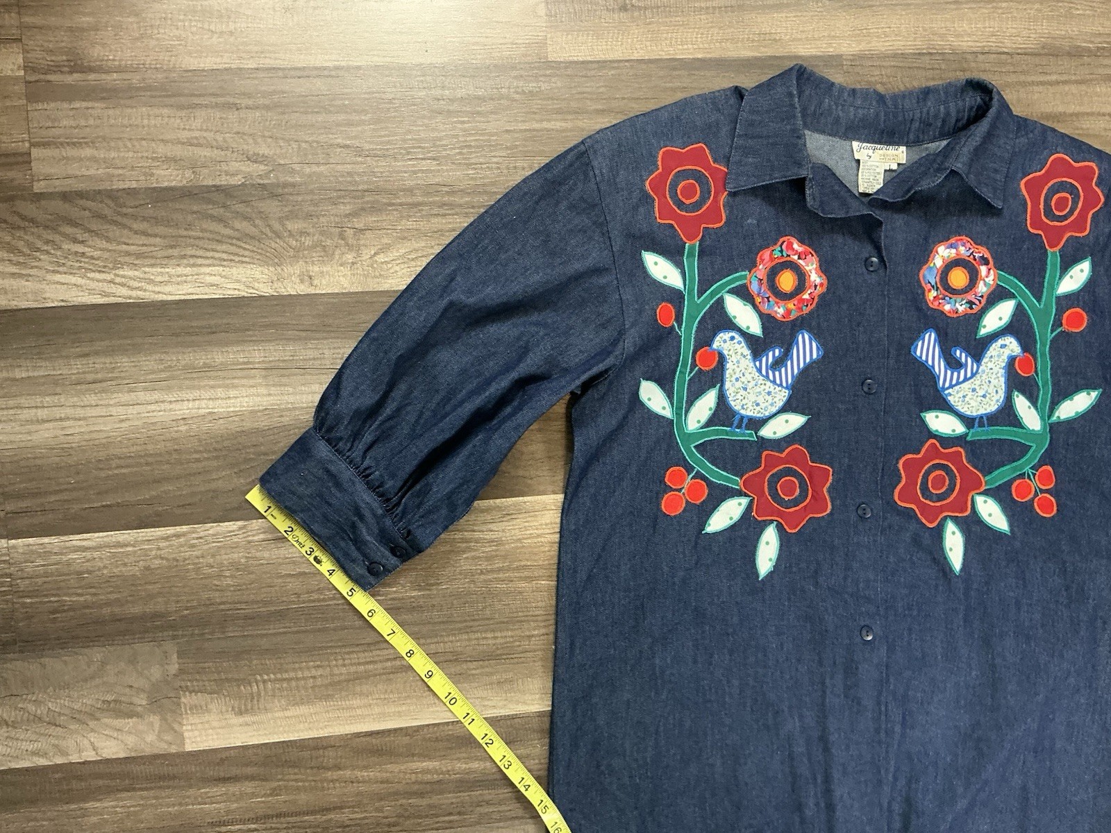 VTG Jacqueline Women’s Bird Floral Appliqué Denim Artsy Tunic L Boho Grandmacore