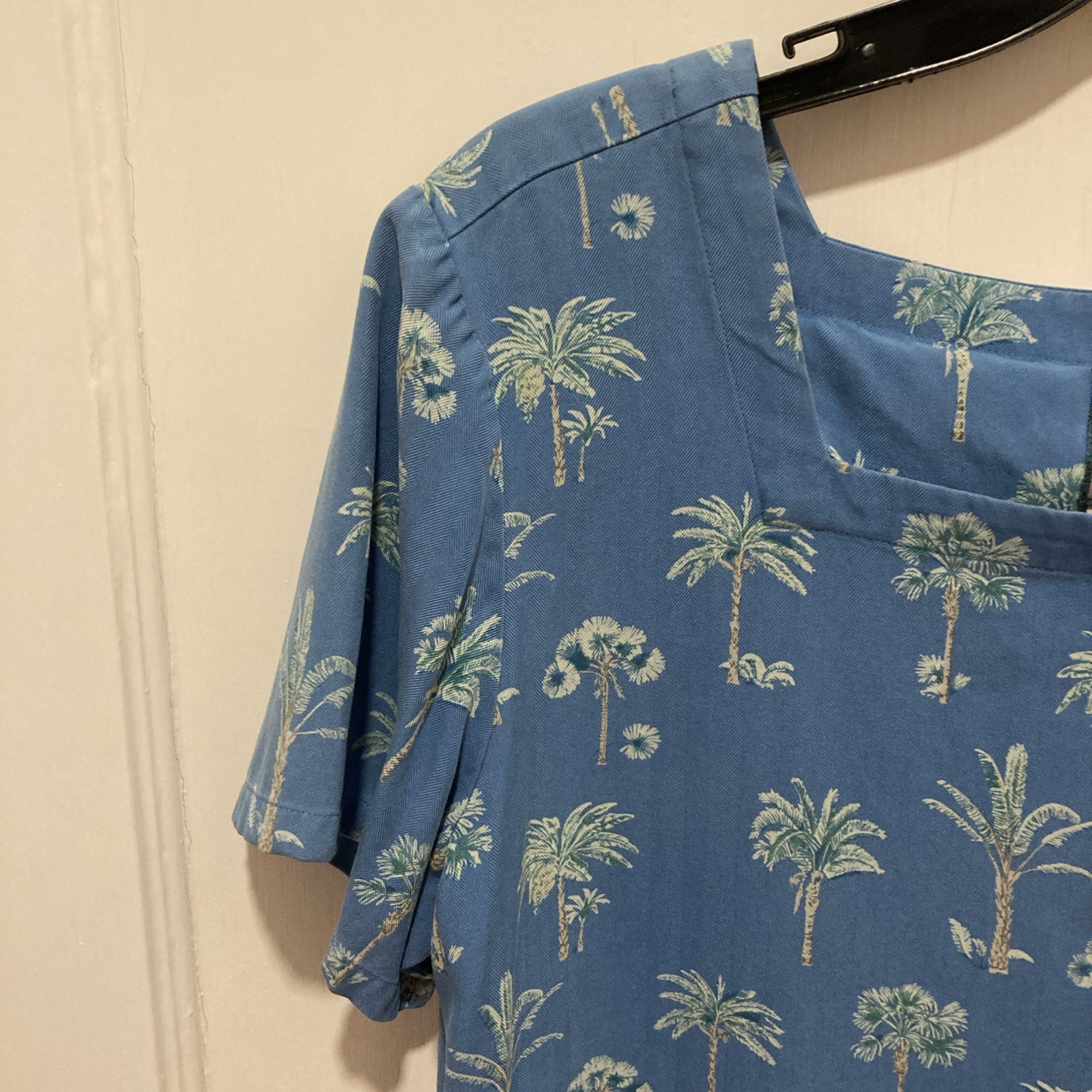 Rum Runner Hawaiian Silk Maxi Tiki Dress M-L Blue Green Tropic Palm Tree Vintage