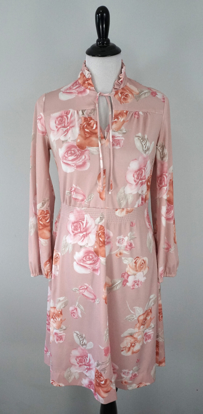 Vtg Jackie O! Pink Floral Long Sleeve V-Neck Tie Front A-line Stretch Dress Sz 7