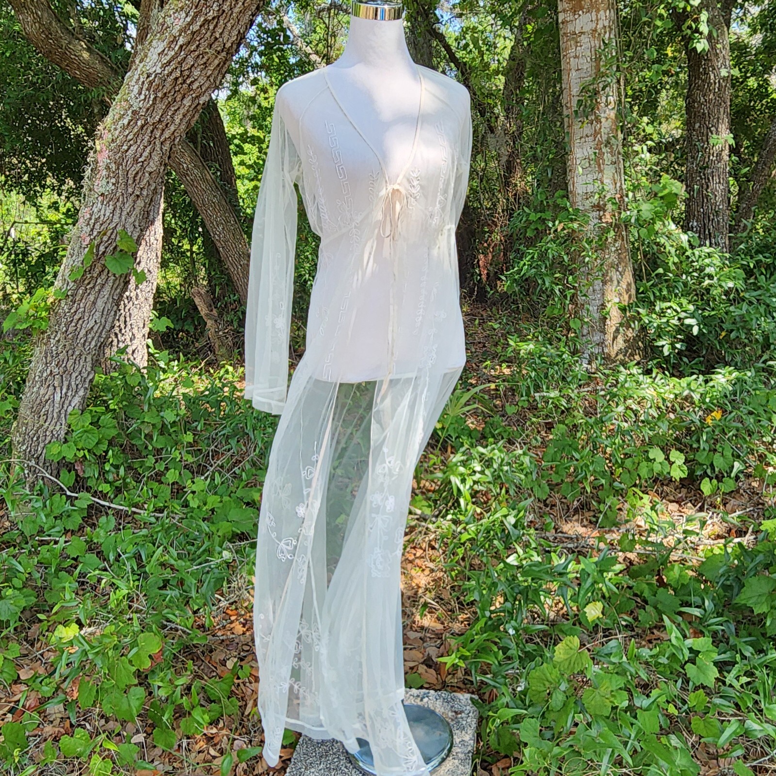 Vintage Victoria’s Secret Sheer Chiffon Ivory Bridal Robe Lace Lingerie Boho M/L