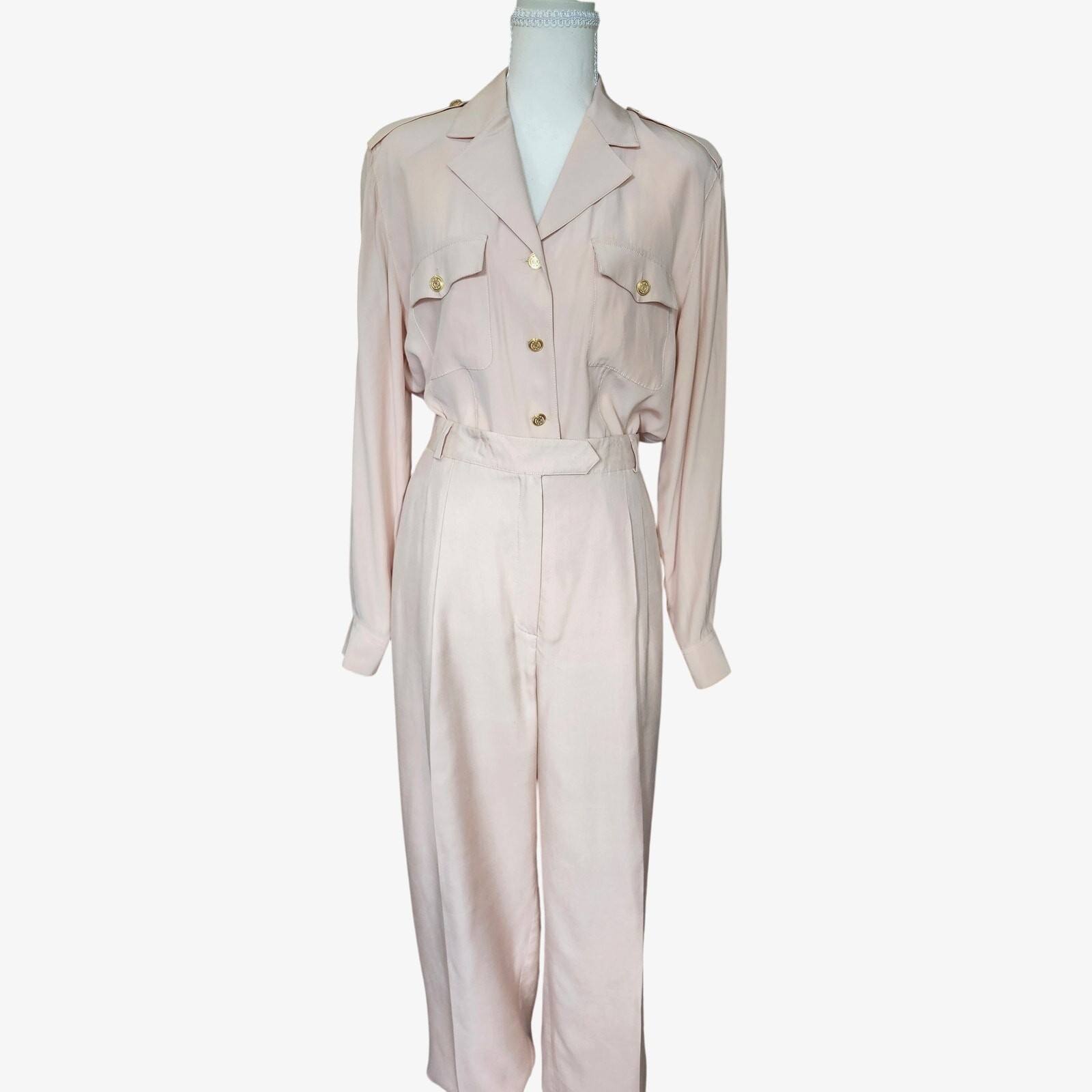 Vintage Starington 100% Silk 2 Pc Blush Pink Set Straight Leg Pants Blouse 10 12