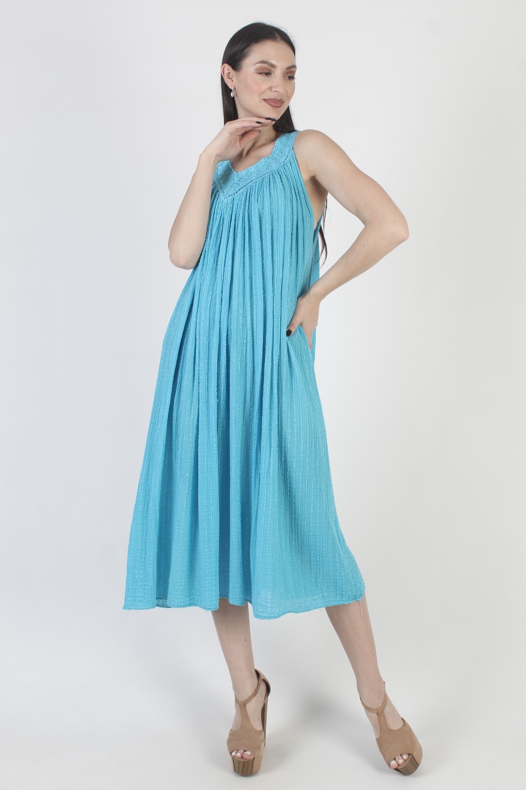 Vtg Turquoise Gauze Dress Cover Up Crochet Mexican Beach Kaftan Ethnic Sundress