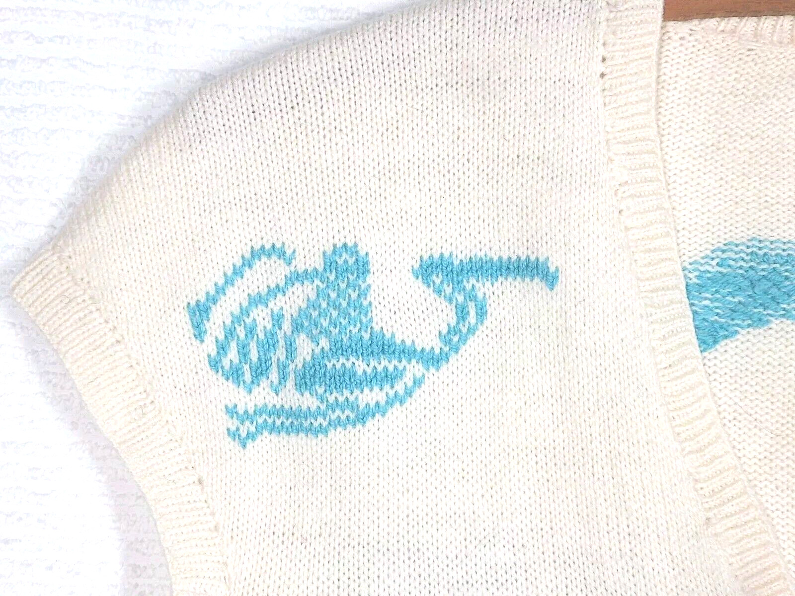Vtg 50s Wool Hand Knit Top Intarsia Birds Stork Ivory Blue S M Retro Pinup Ooak