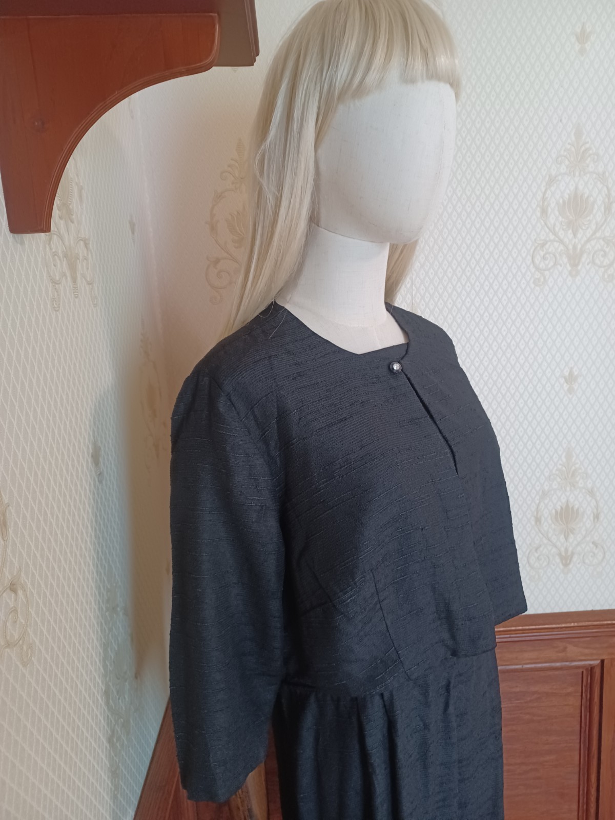 Vintage Mid-century Slubbed Black Cotton Little Black Cocktail Dress, size XL