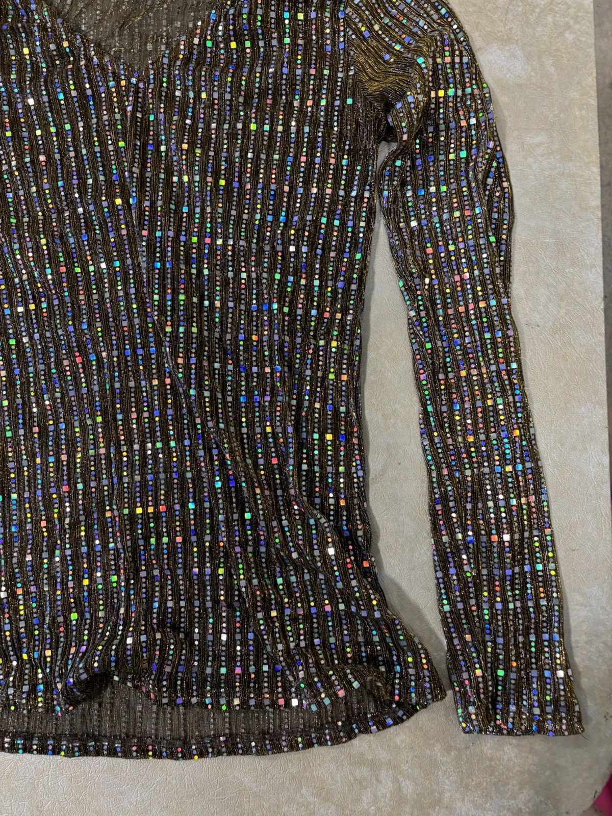 Vintage 1970s Minette Sequin Reflective See Through Long Sleeve Top