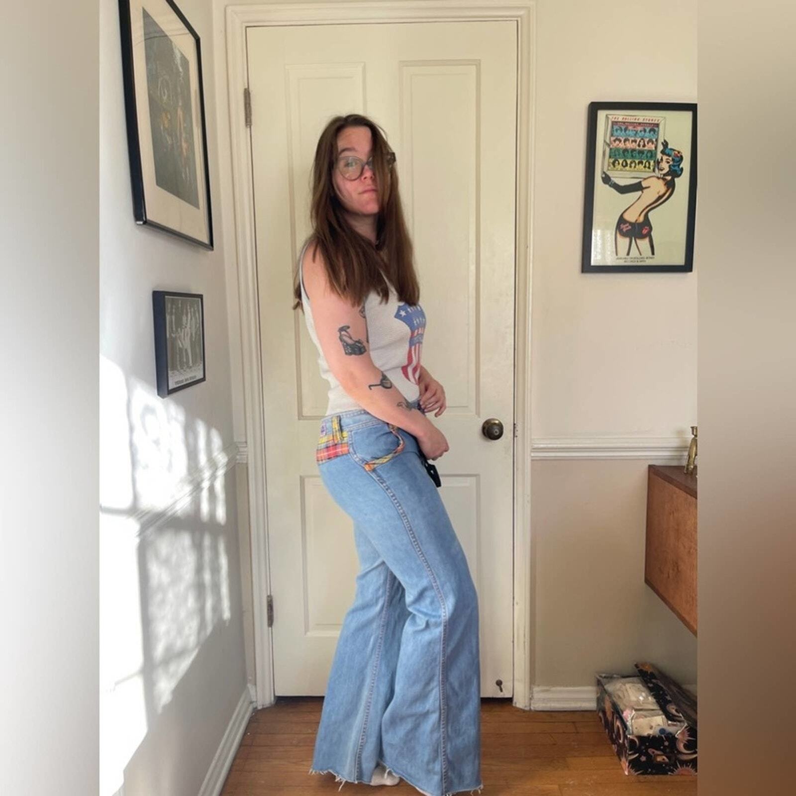 70s Vintage Faded Glory Light Wash Bell Bottoms w. Plaid Detailing