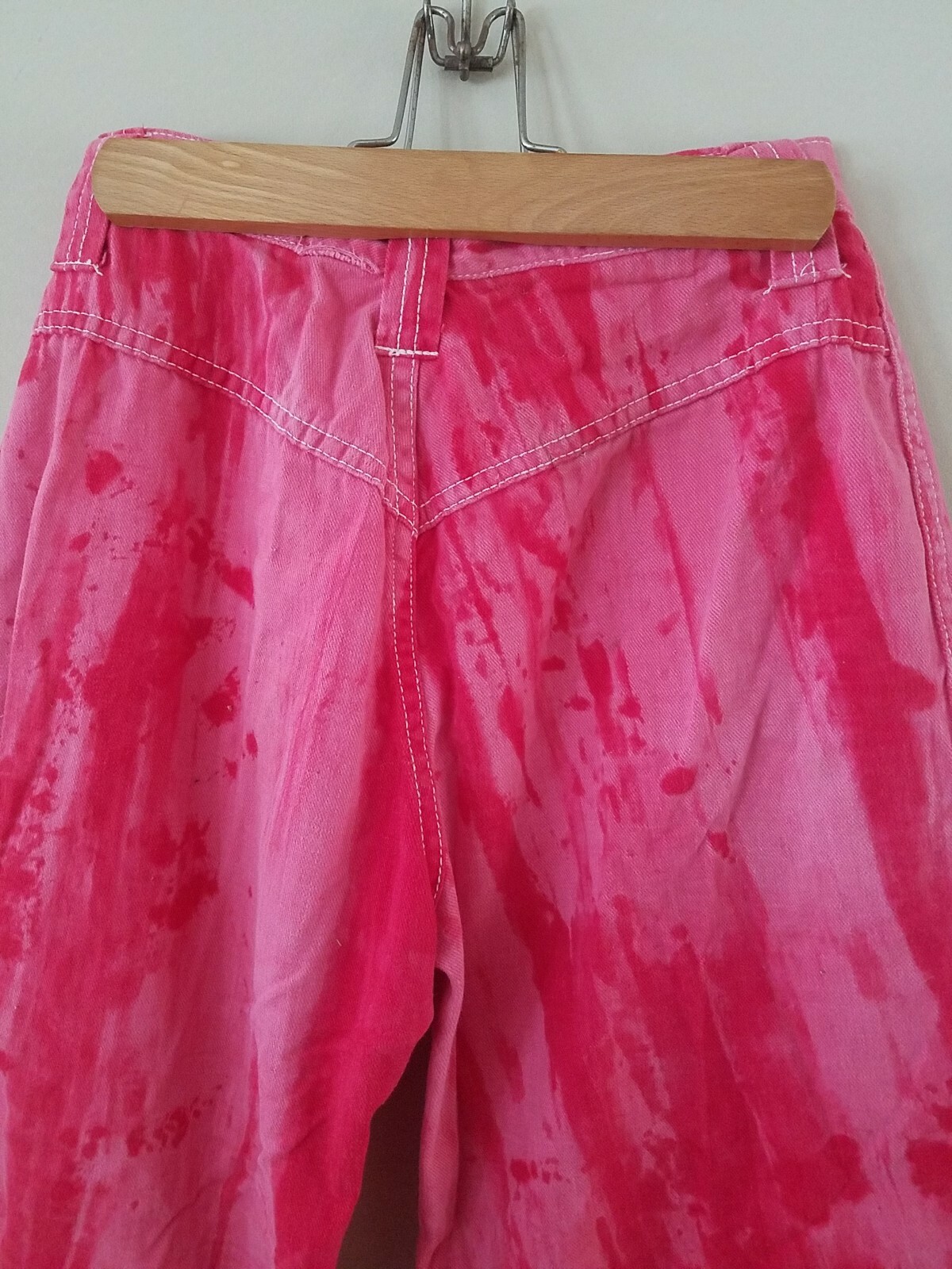 Vintage 70s Red Tie Die Wide Leg Jeans w/embroidery, Youth/Teen size 28″ x 26″