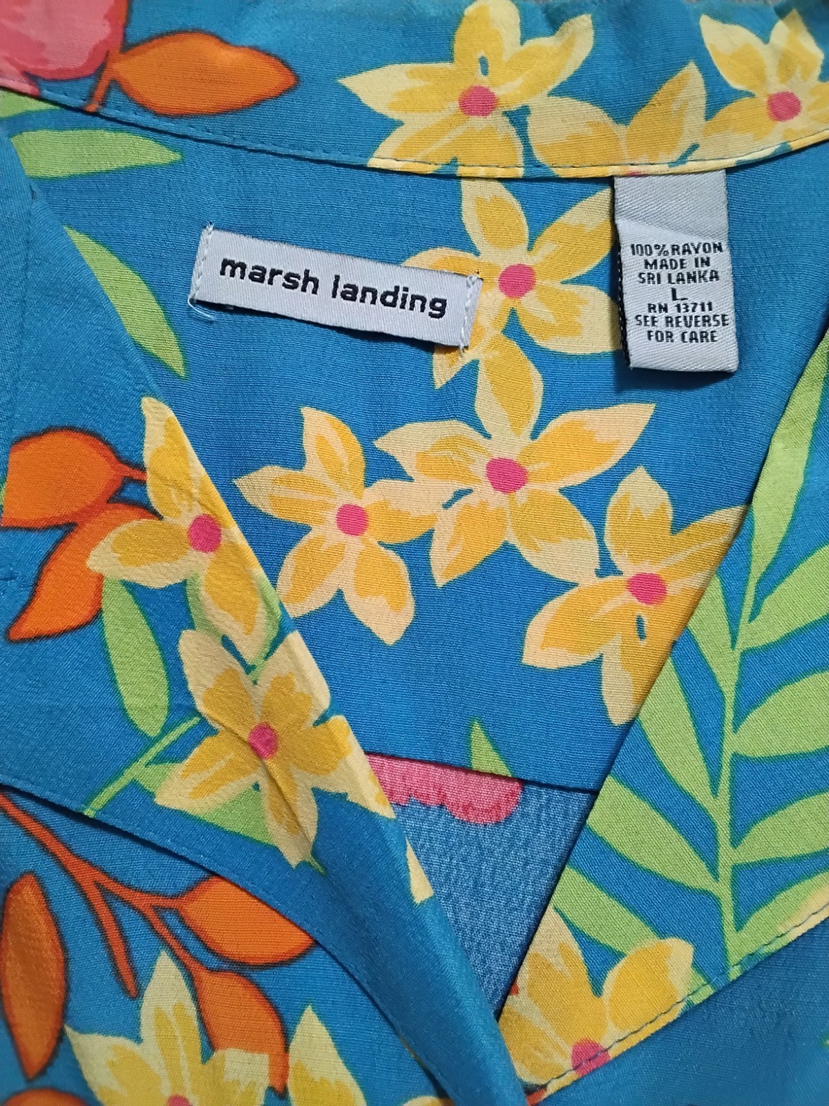 Vintage Marsh Landing Hawaiian Blouse Turquoise Tropical Orange Florals Large