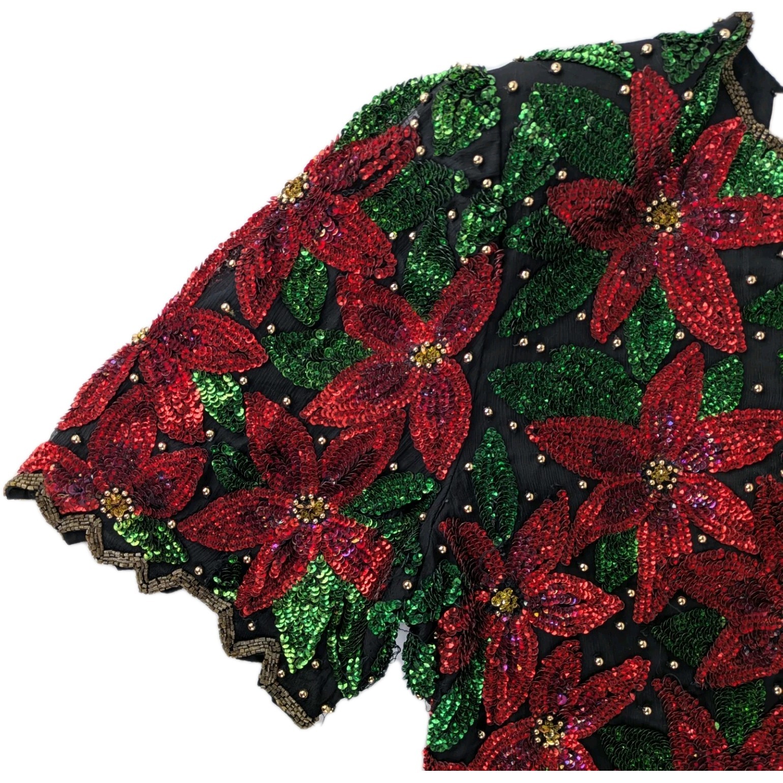 Vintage Laurence Kazar 3X Beaded Sequin Poinsettia Christmas Top Bling Evening