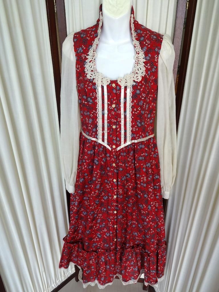 VINTAGE GUNNE SAX BY JESSICA RED CALICO PRINT LACE VOILE TRIM PRAIRIE DRESS S-M