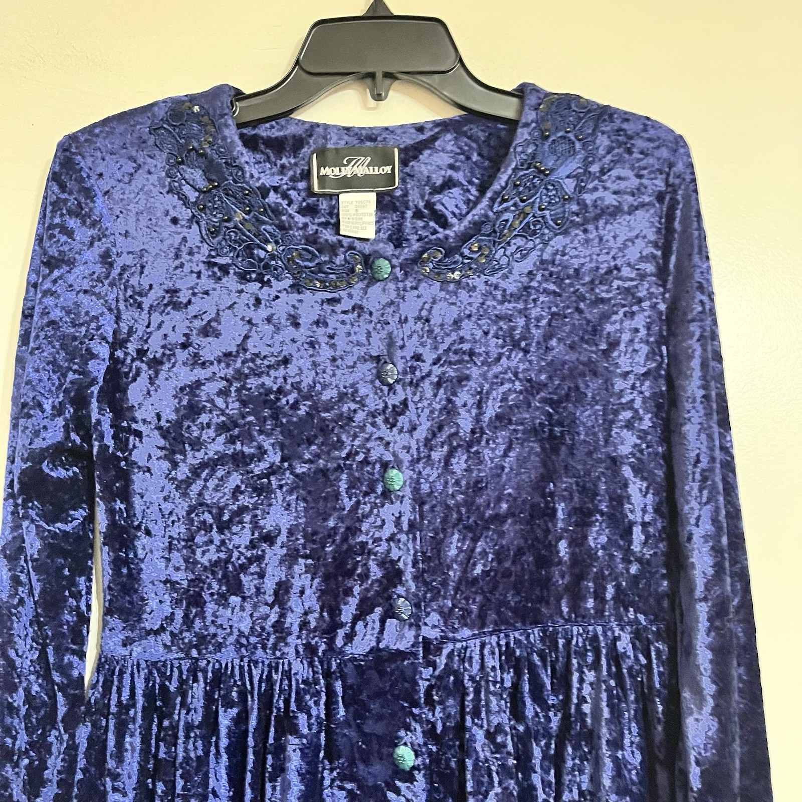 90s Vintage Molly Malloy Dress Women’s Size 8 Midi Length Blue Crushed Velvet