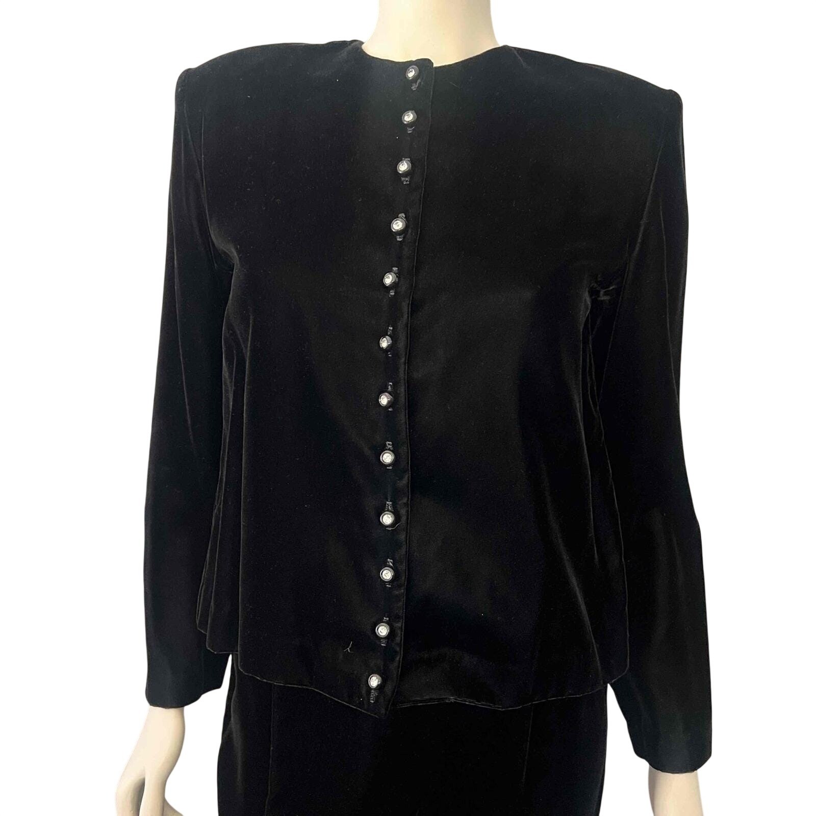 VTG 90s Ms. Interpret New York Black Velvet Rhinestones Bows Suit Jacket Skirt 4