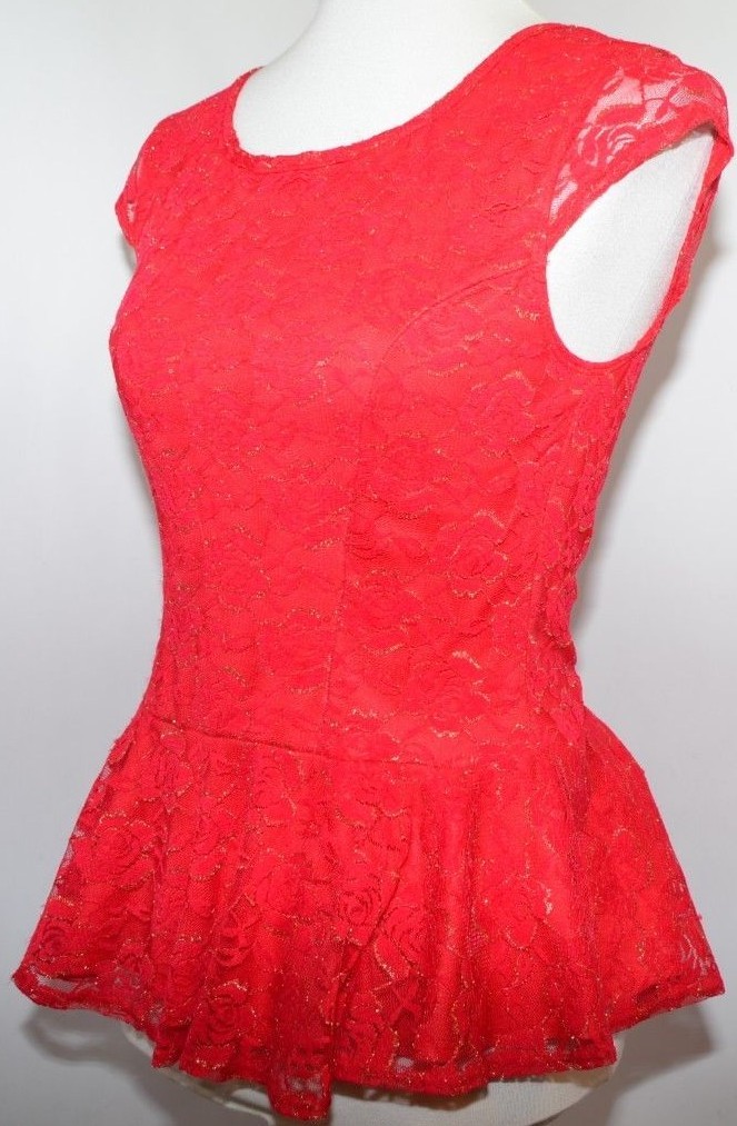 VTG IZ Byer Red Floral Glitter Lace Glitter Sheer Fitted Peplum Women S USA Made