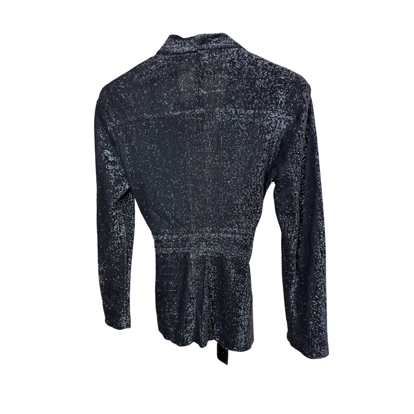 Vintage Metallic Silver Black Wrap Cardigan Tie Waist Shimmer Knit Size 9