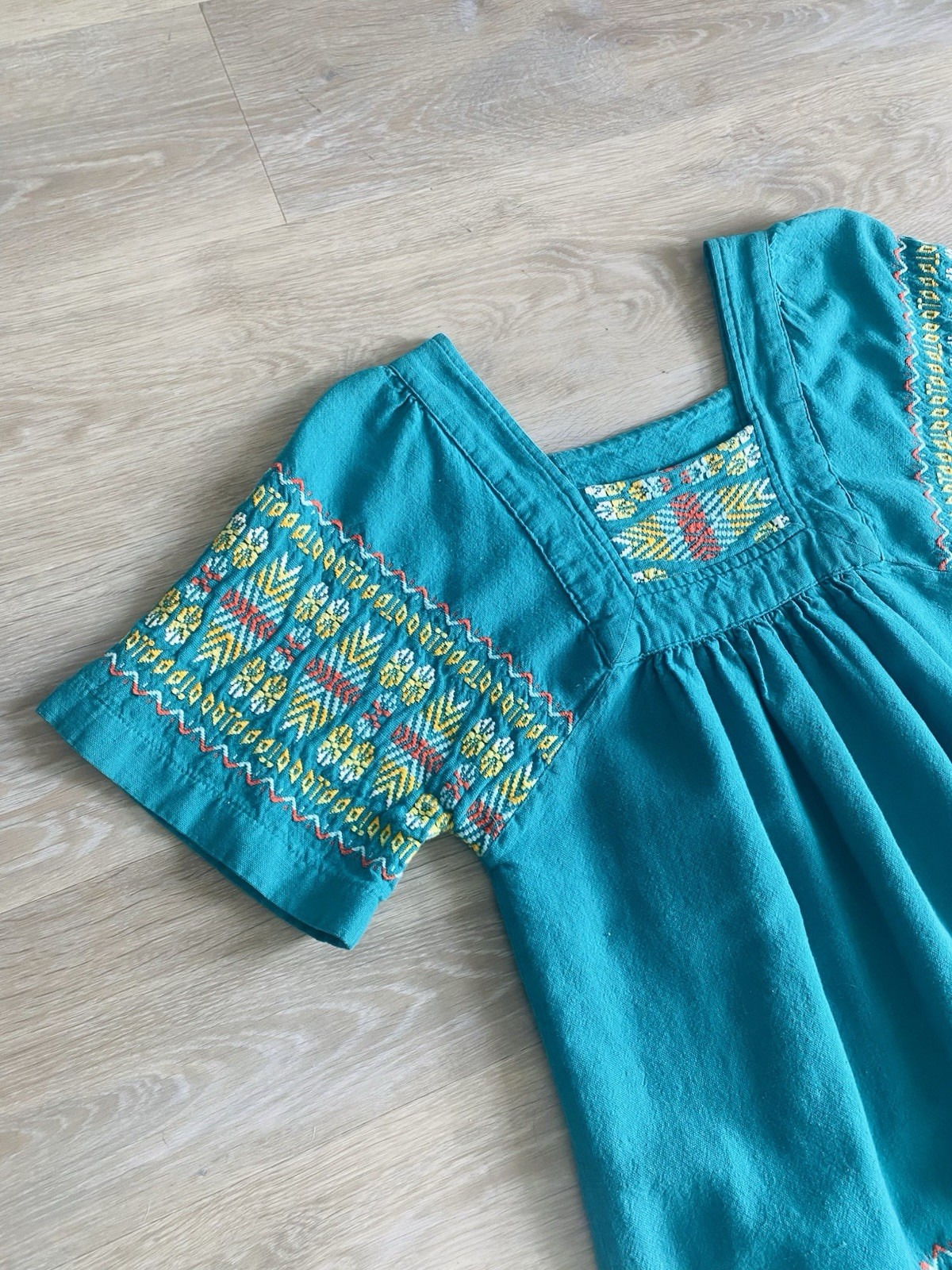 VTG 70s Paulina’s Embroidered Mexican Peasant Dress Teal Woven Cotton Boho M