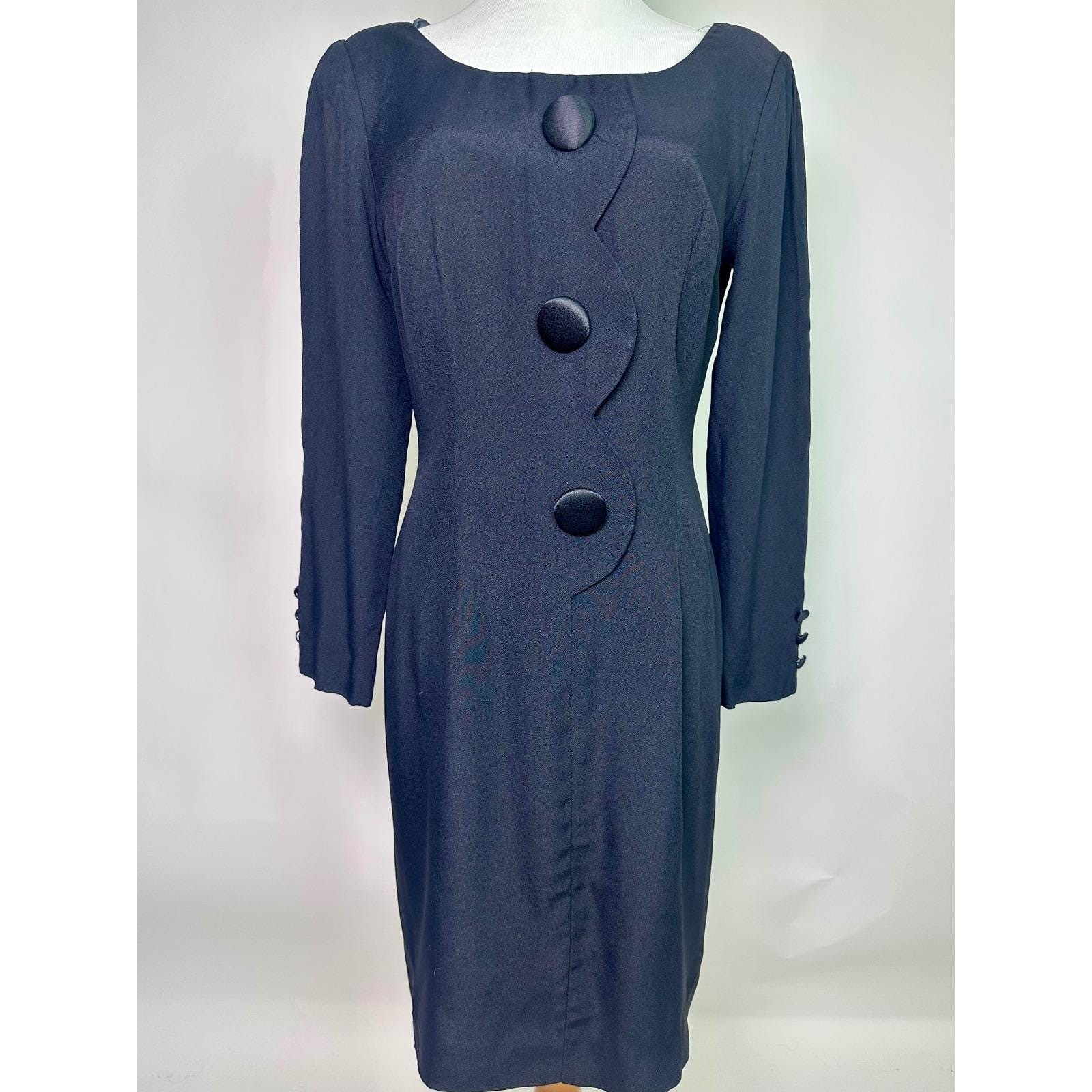 Vintage 1980s Santa Fe Black Scalloped Button Front Sheath Dress Small