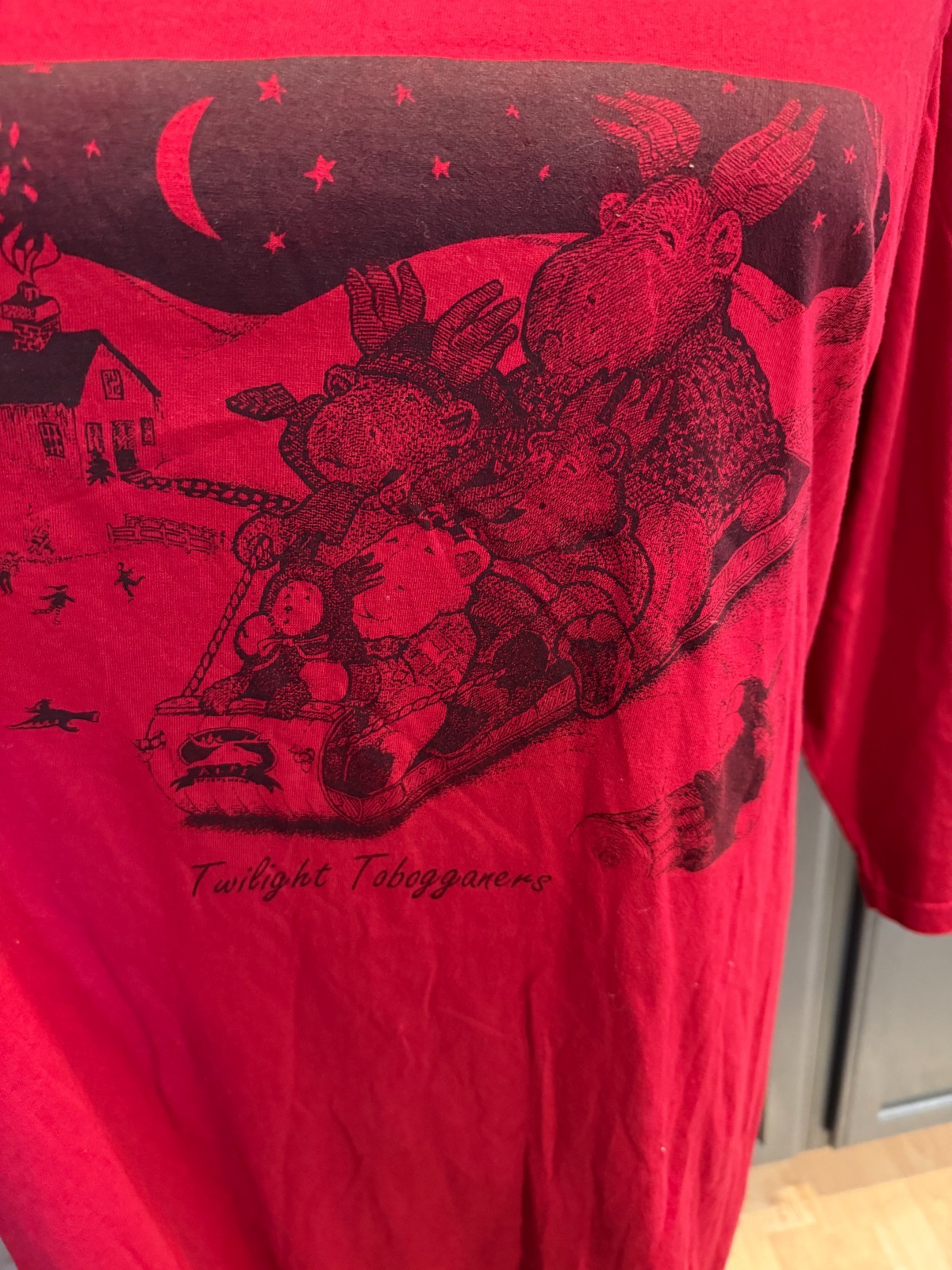 Vintage 90s Alps Womens OSFA Red Twilight Tobogganers Nightgown Moose Print