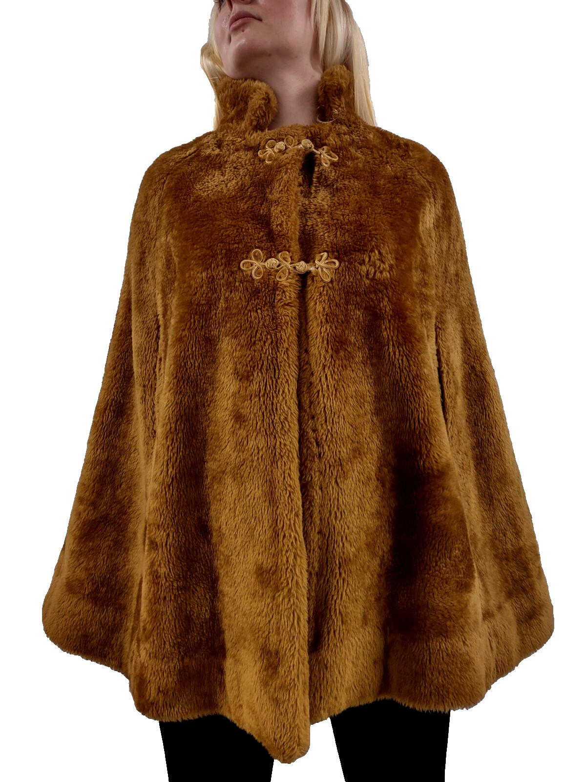 70s Faux Fur Cape Bohemian Look Mustard Bronze Color ASIAN FROG BUTTONS Size S