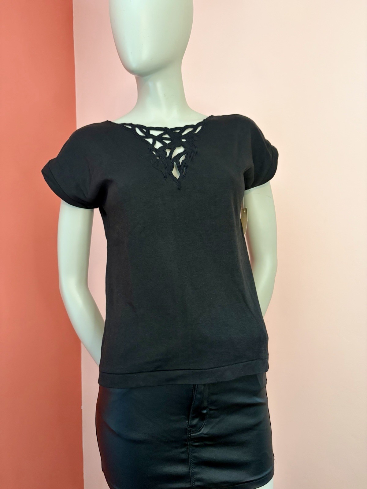 VTG NWT 80s 90s Black Cutout Floral Neckline Top Shirt soft goth dark romance M