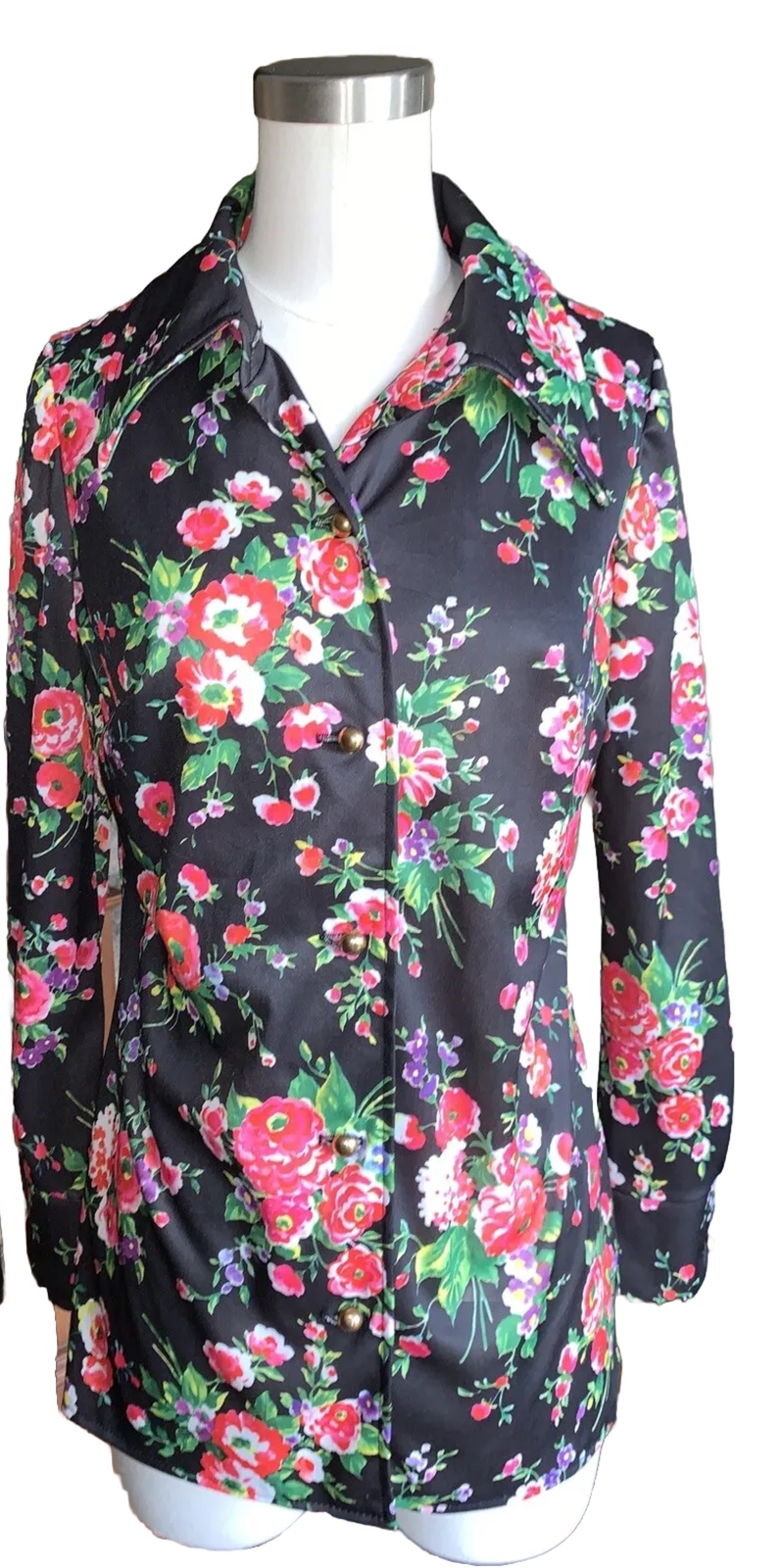 Vintage 70s Trends by Jerrie Lurie Floral Blouse Gold Buttons Disco Boho S