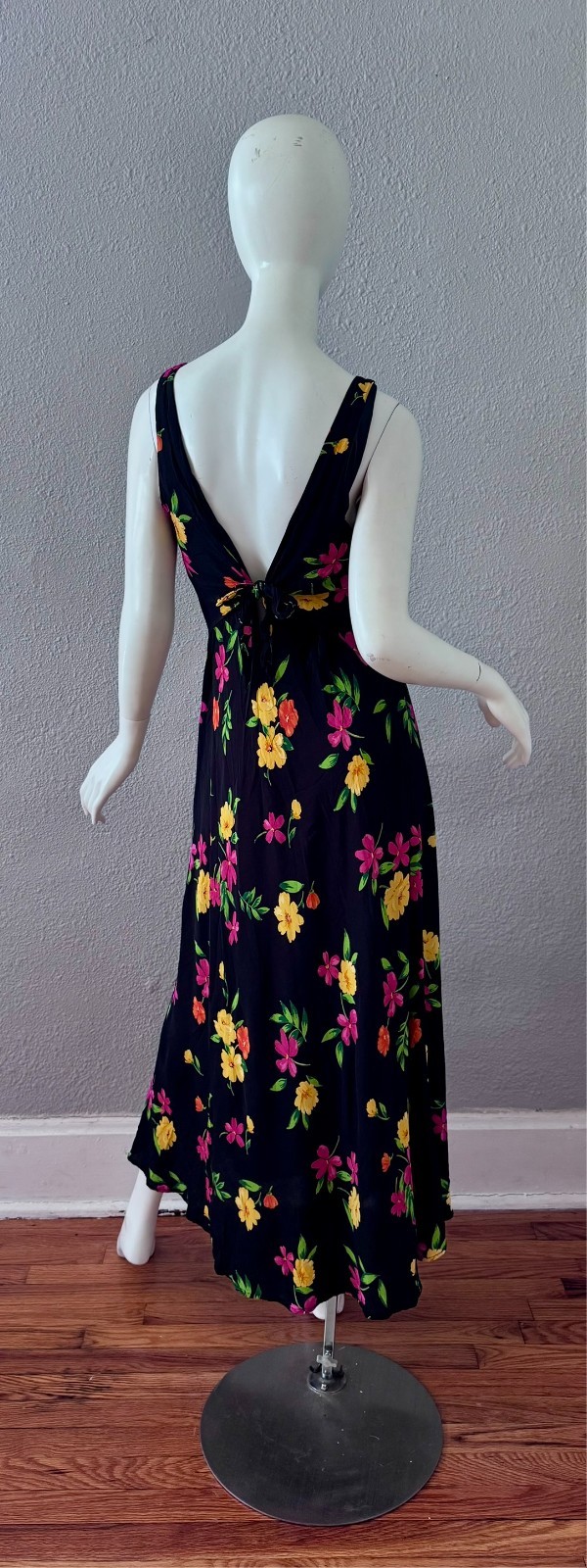 Vintage 90s Black Floral Femme Rayon Maxi Sun Dress M