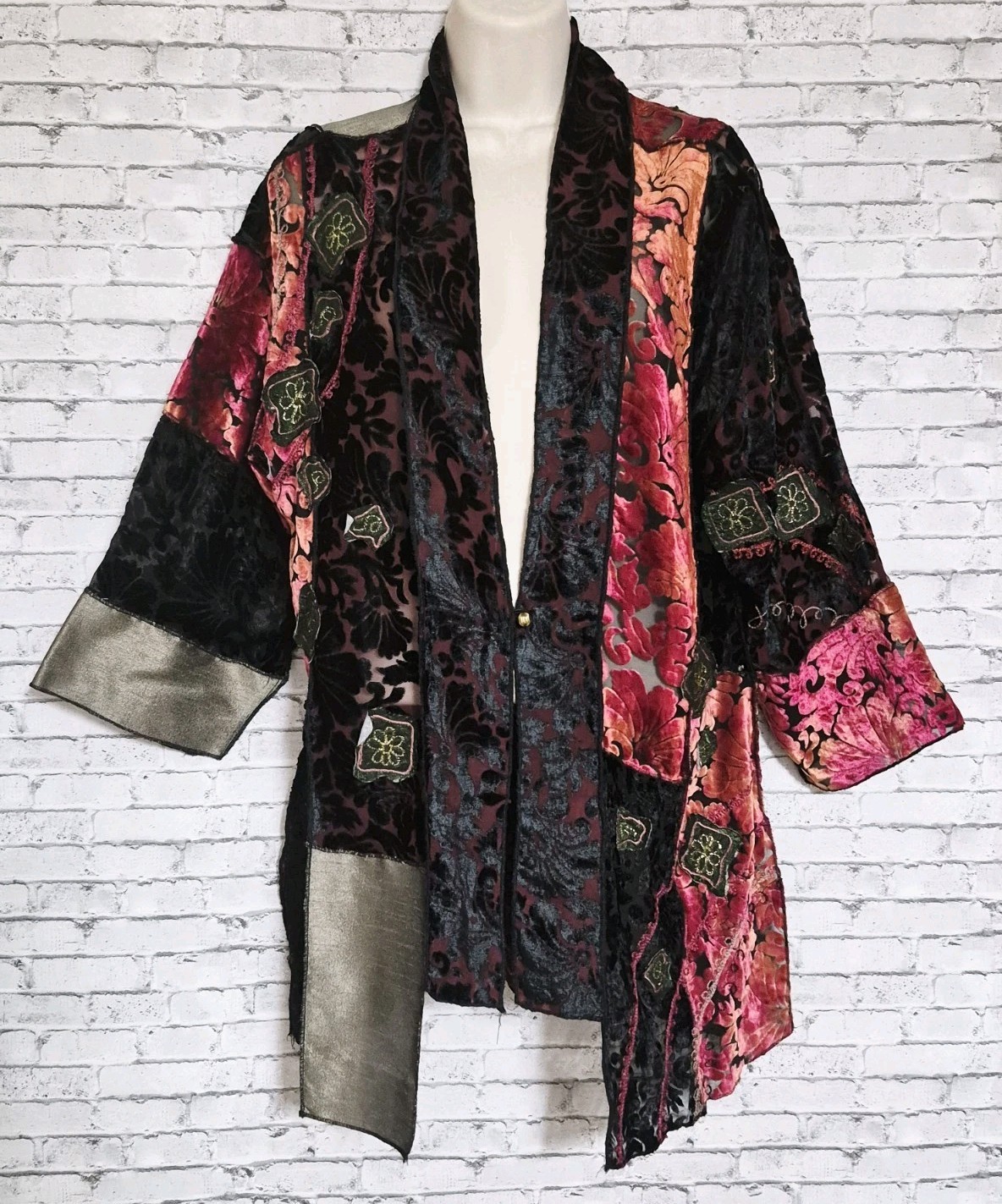 Vintage Alex Kim Womens M Black Velvet Burnout Patchwork Embroidered Art To Wear