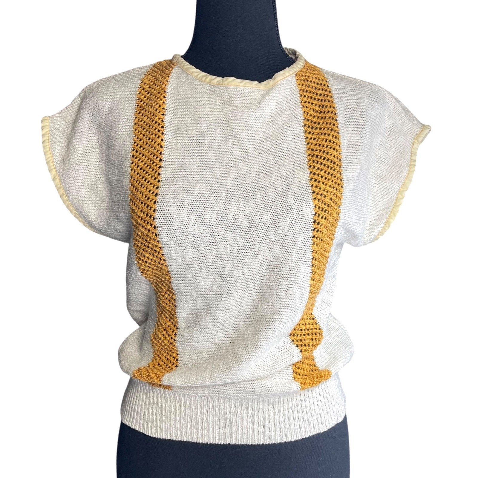 Vintage Short Sleeve Sweater Top Beige and Golden Yellow Women’s XS/S Boho Chic