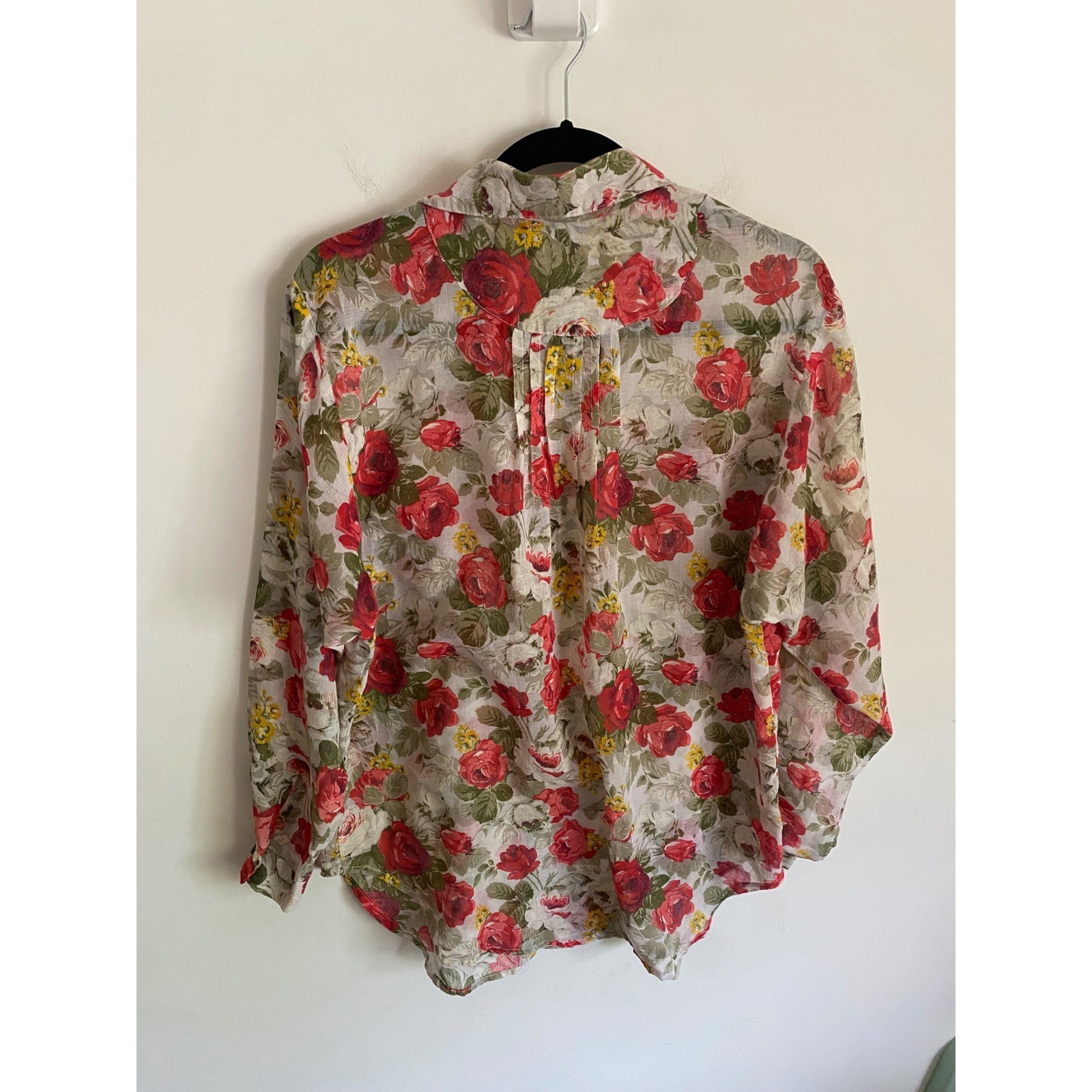 Vintage Deborah Barry Red Rose Floral Sheer Button Down Shirt Small USA