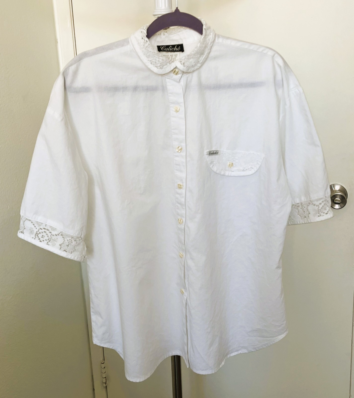 Vintage 80s 90s Caliche Short Sleeve White Blouse Lace Collar Detail Size L