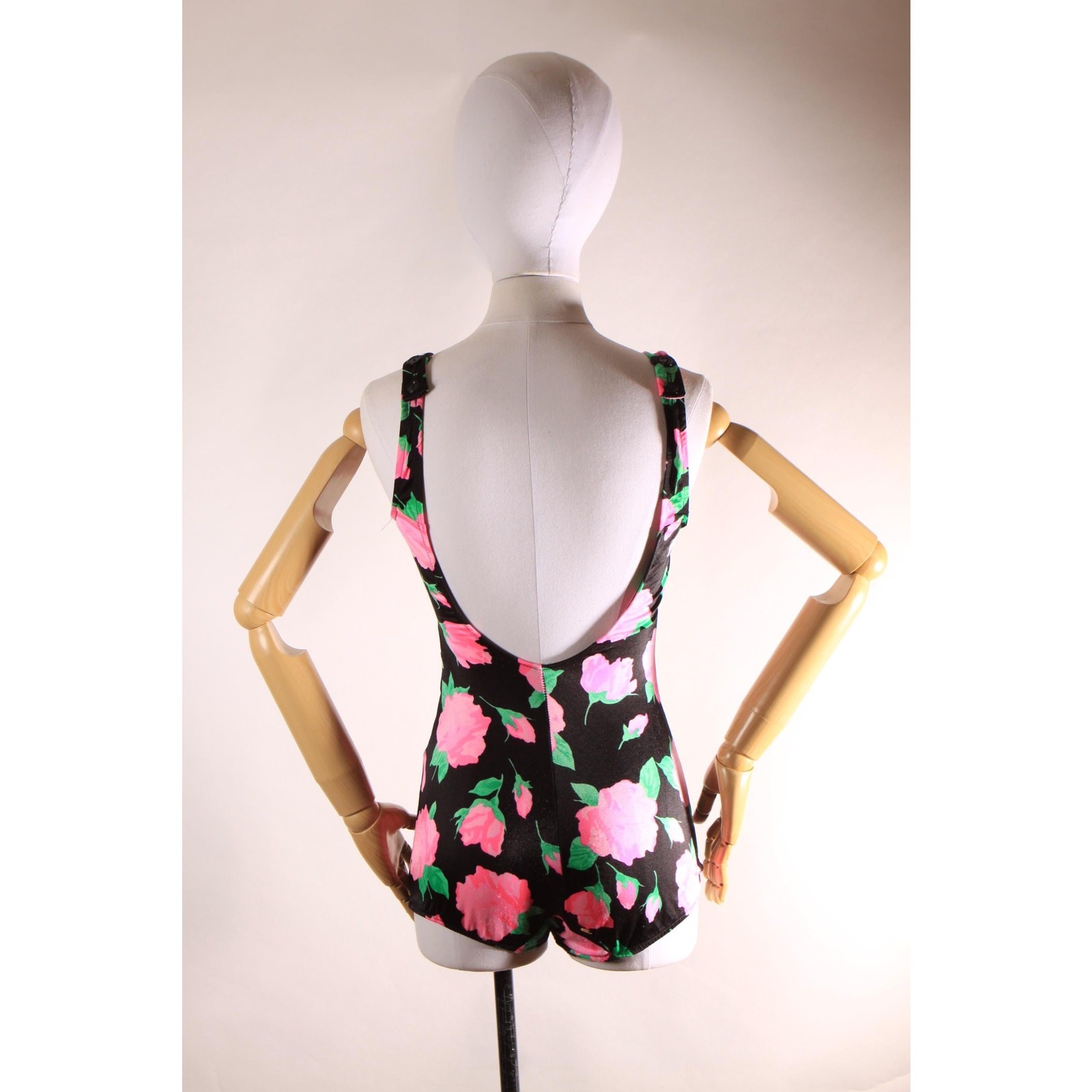 1970s 1980s Black Pink Green Floral One Piece Swimsuit by Maxine of Hollywood