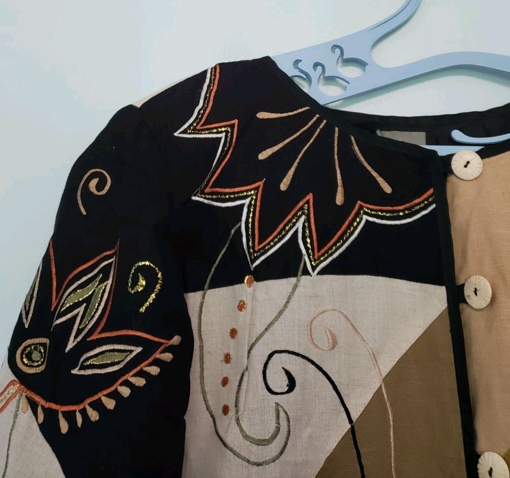 Vtg Indigo Moon Womens L Jacket Wearable Art Embroidered Floral Button Up