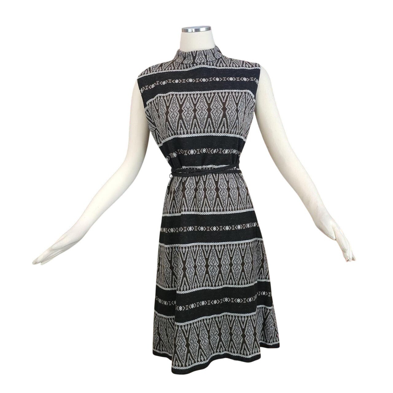 Brown Knit Black Sleevless Gown Mock Neck 1960s Vintage Nordic Sacony Dress