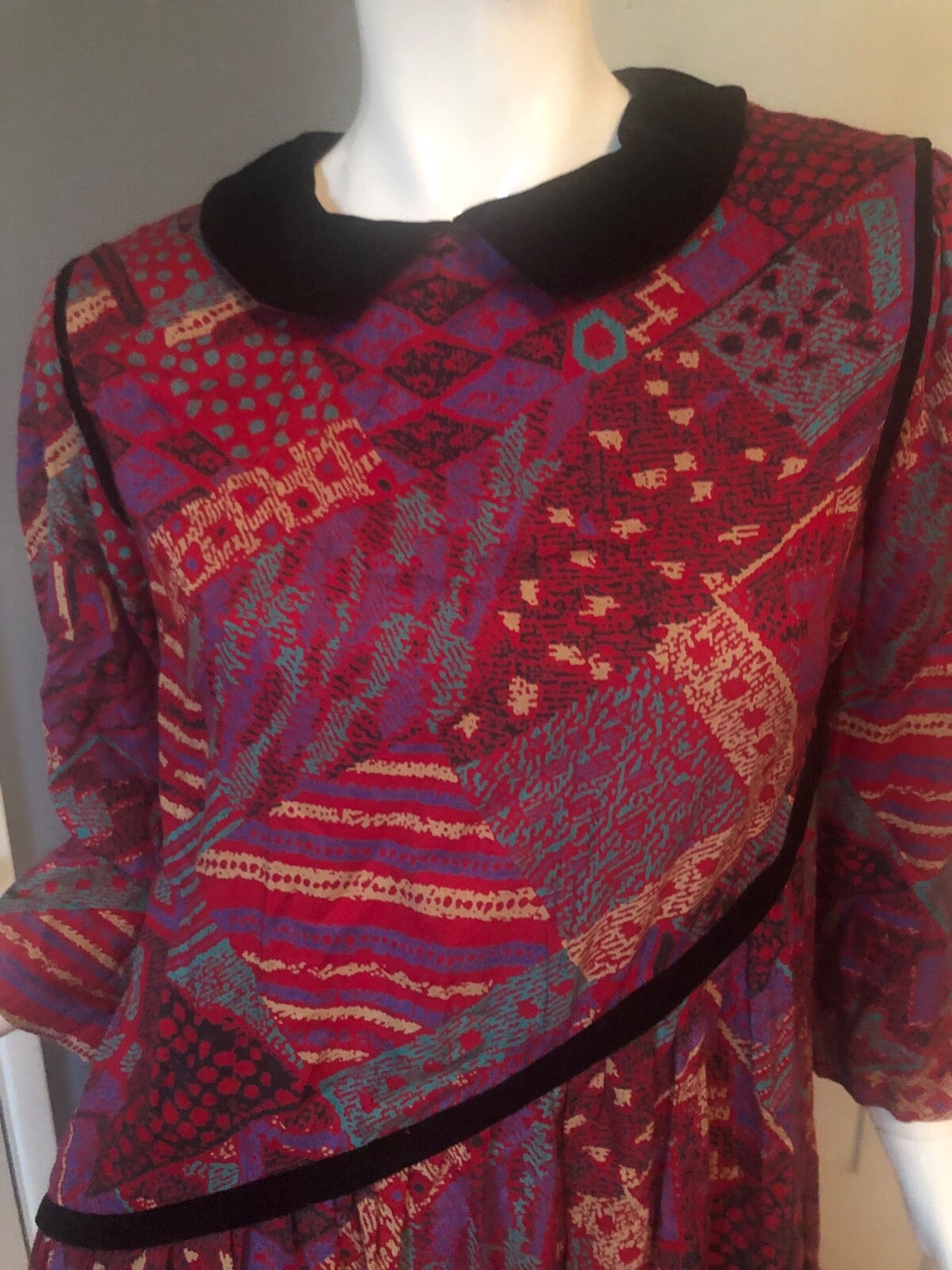NWT Vtg 80s HORCHOW Dress M Rayon ART PATCHWORK Print COTTAGECORE Collar MIDI