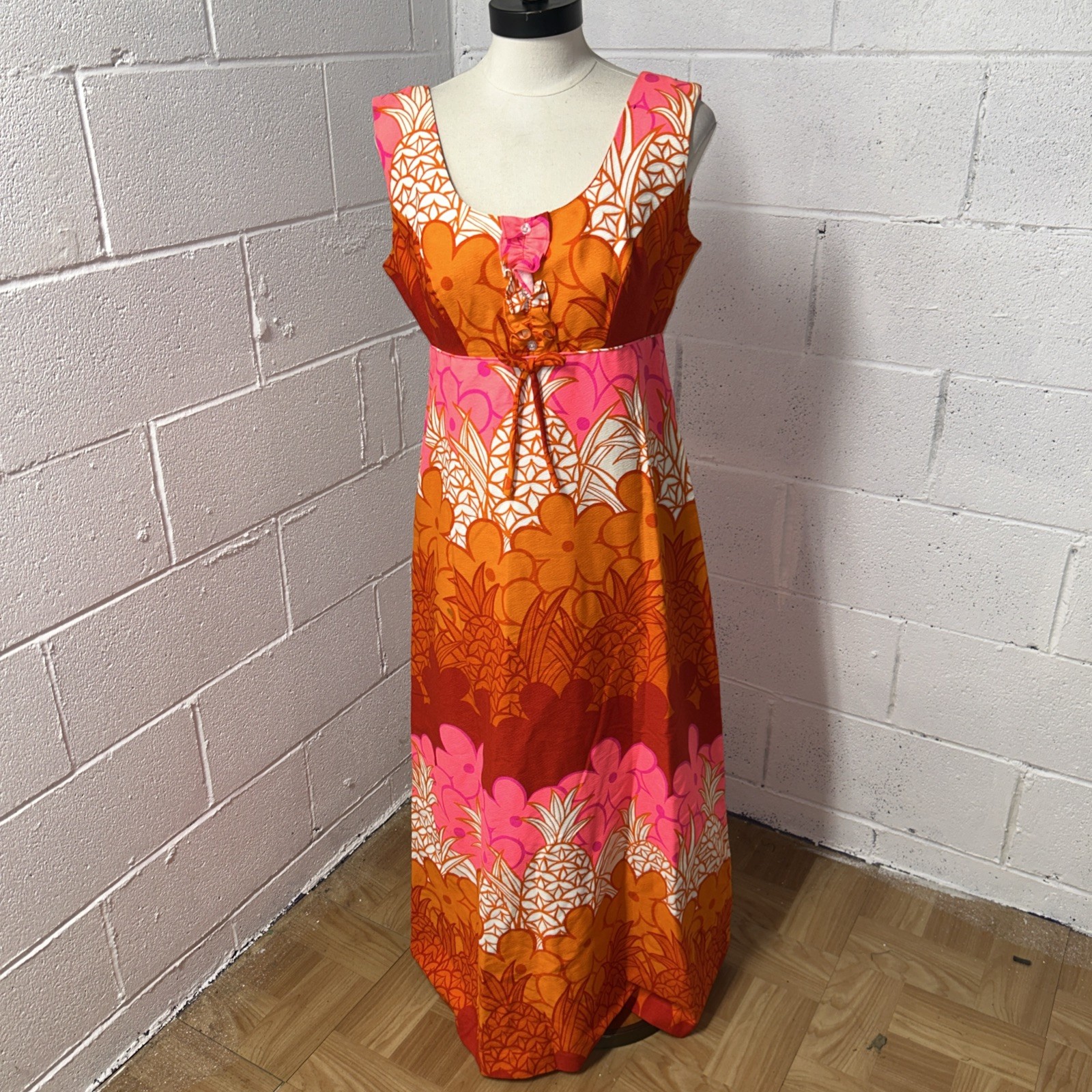 Vintage 60s Hawaiian Maxi Dress Island Casuals Sz 14 Pineapple Floral Mod E2