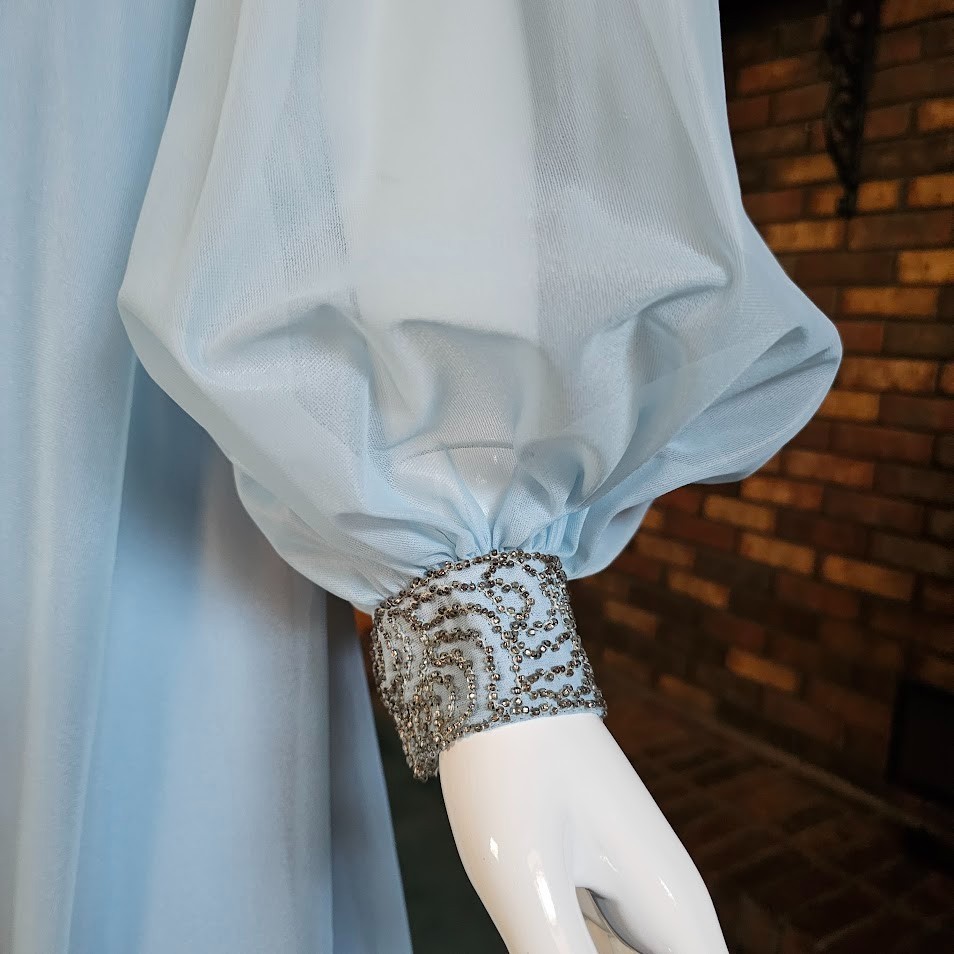 Vtg 70s Dreamy Chiffon Bishop Sleeves Powder Blue Prom Gown Bewitched Dress M