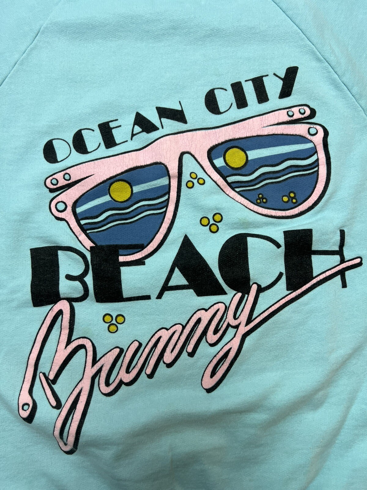 VTG Ocean City Beach Bunny Sunglasses 80’s Teal STAINED Crewneck Sweatshirt – M