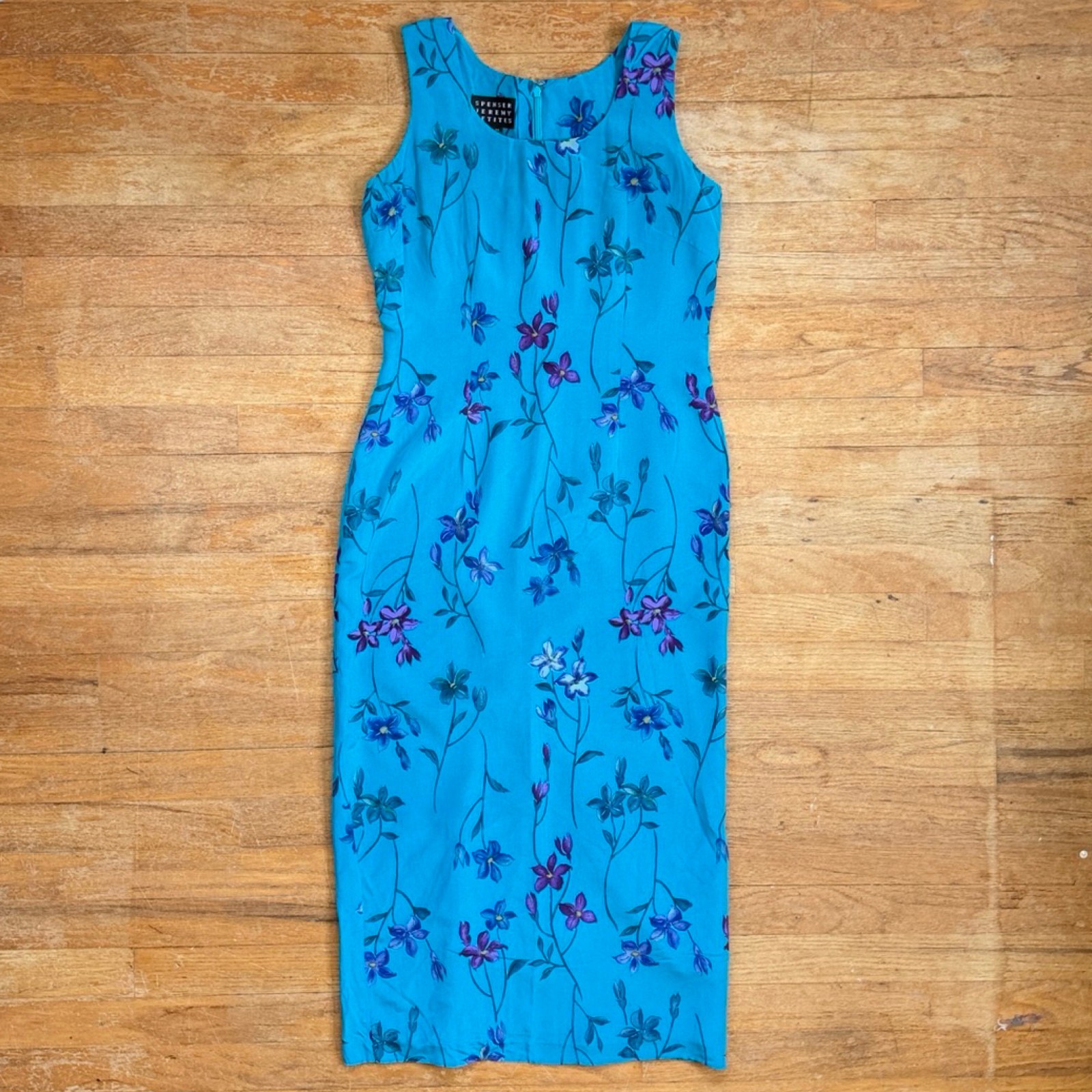 Vintage Bright Blue Floral Silk Dress Size Small 90s Sleeveless Midi Sundress